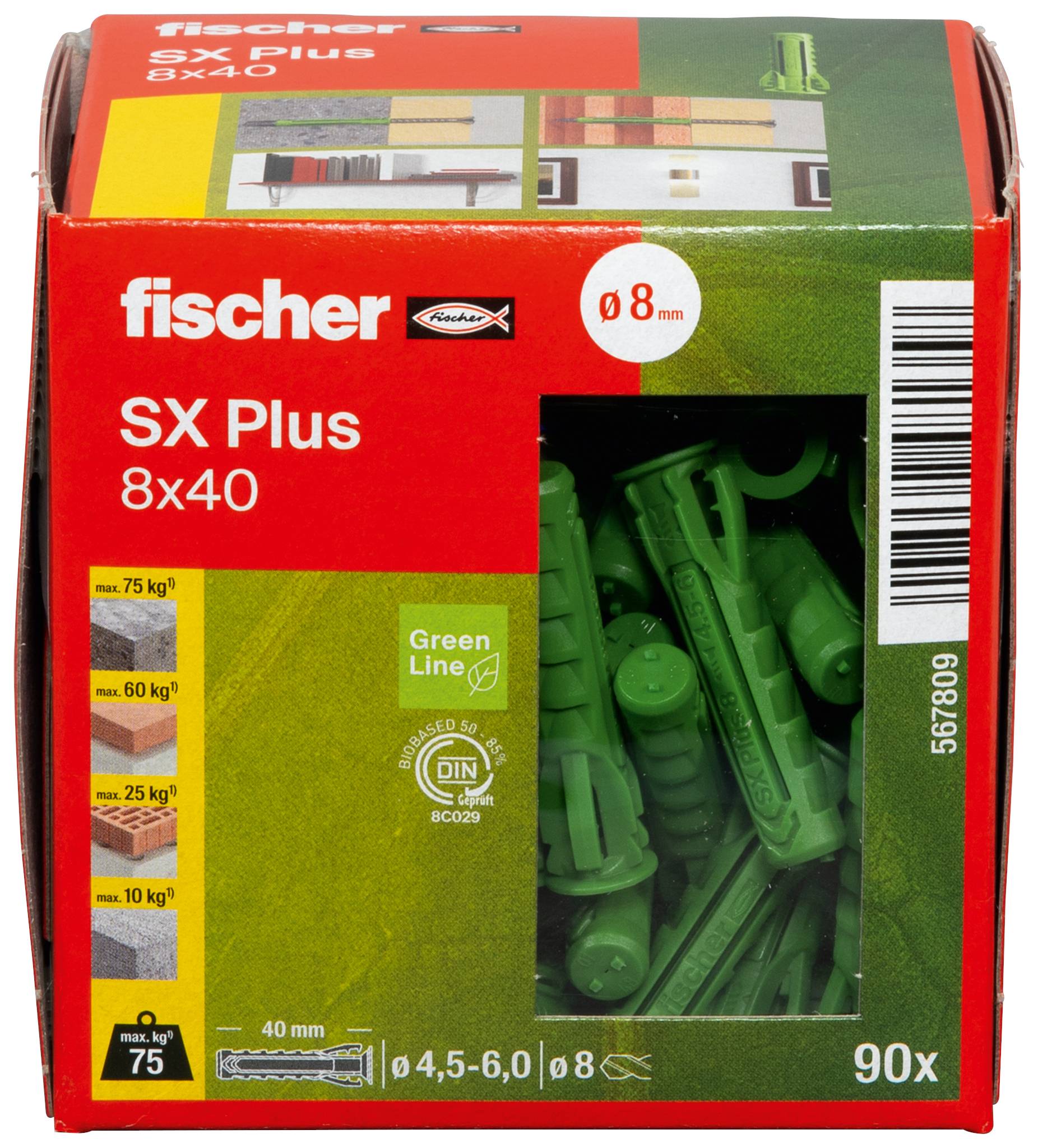 Kartonnen verpakking van Fischer pluggen, model SX Plus, maat 8x40 mm, bevat 90 stuks. Groene pluggen zijn afgebeeld.