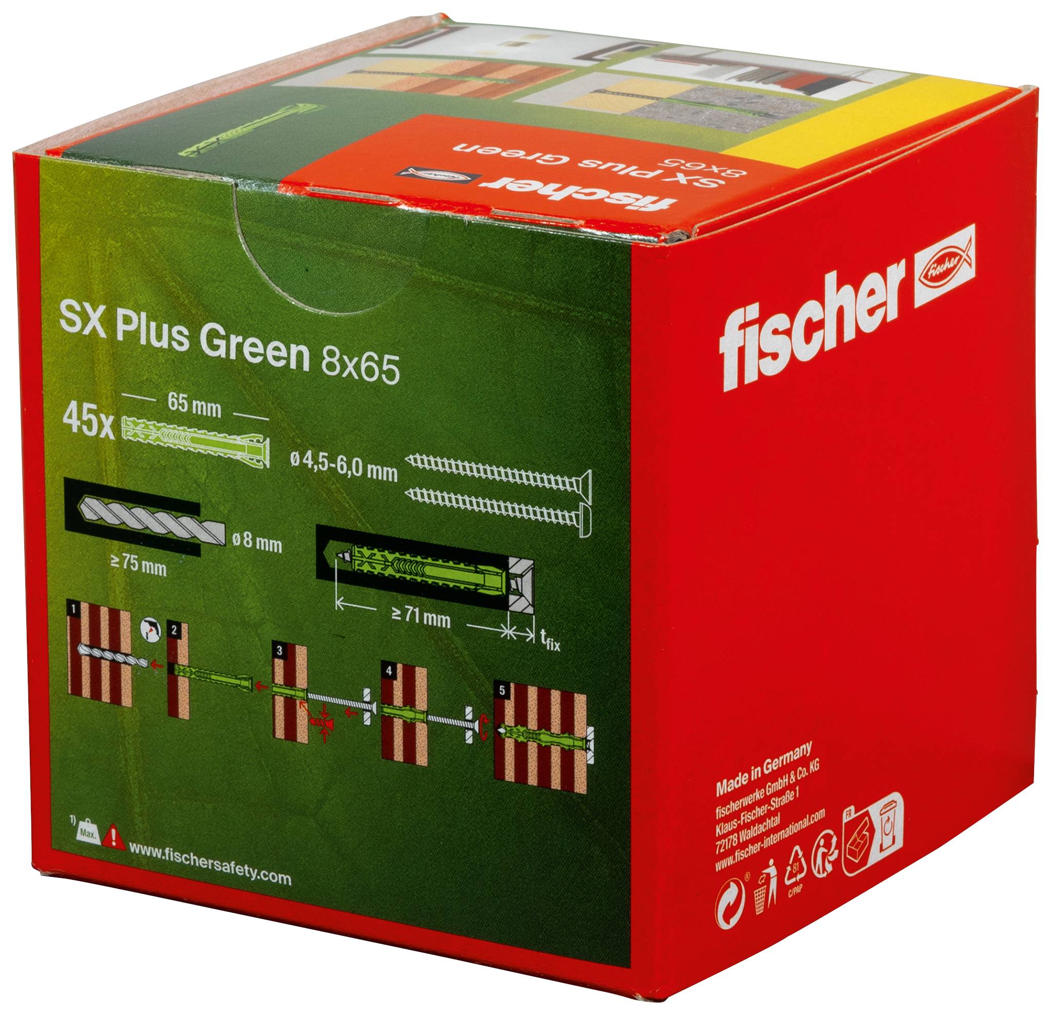 Een rode verpakking van Fischer SX Plus Green 8x65 pluggen, bevat 45 stuks. Met afbeelding en montageaanwijzingen op de doos.