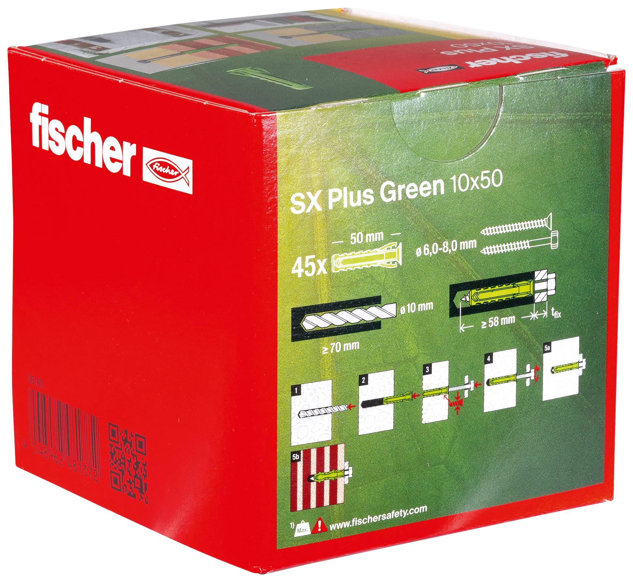 Een rode verpakking van Fischer met de opdruk 'SX Plus Green 10x50', toont productafbeeldingen en afmetingen, bevat 45 stuks.