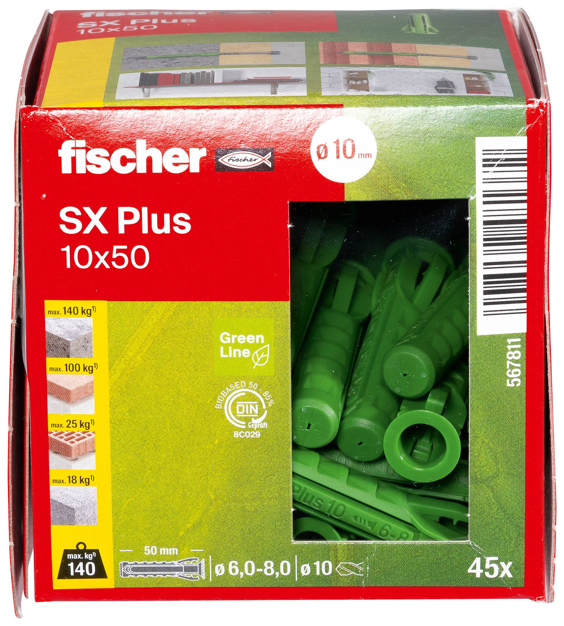 Op de afbeelding staat een verpakking Fischer SX Plus pluggen 10x50 mm, 45 stuks, afgebeeld. Geschikt voor lasten tot 140 kg en uit de groene lijn.