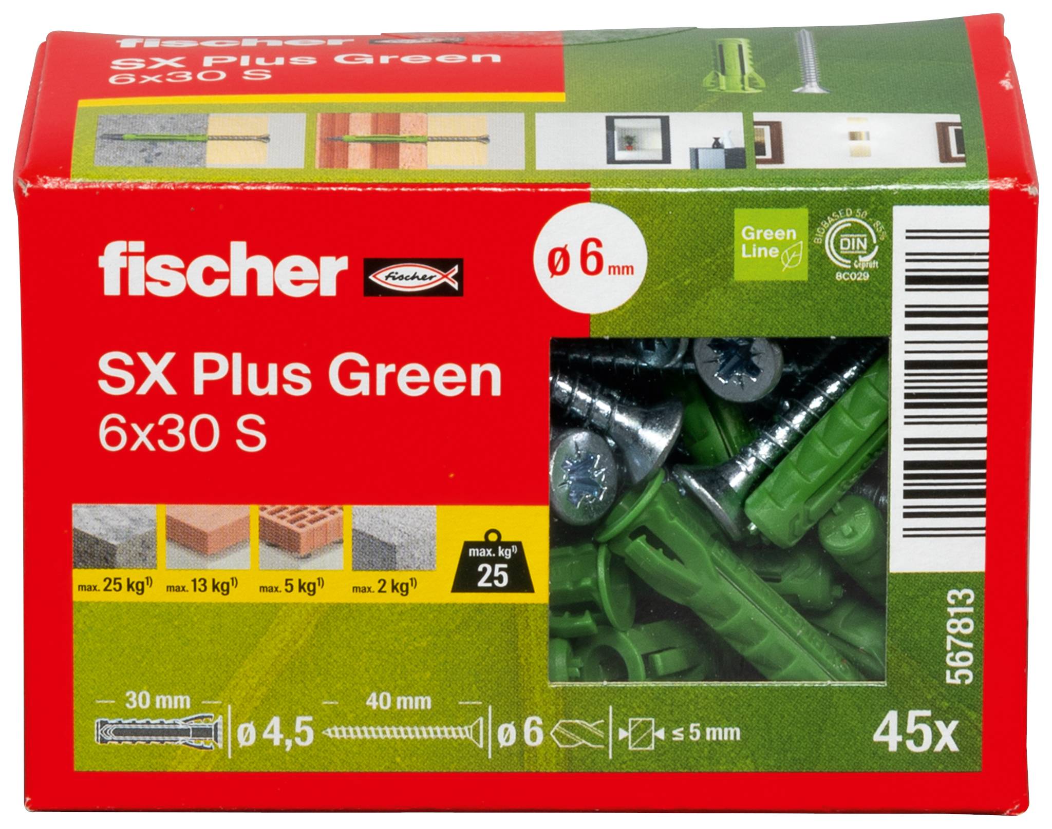 'Fischer SX Plus Green 6x30 S Dübel' verpakking, 45 stuks, geschikt voor materialen van 25 kg tot 5 kg, ø 6 mm, lengte 30 mm.