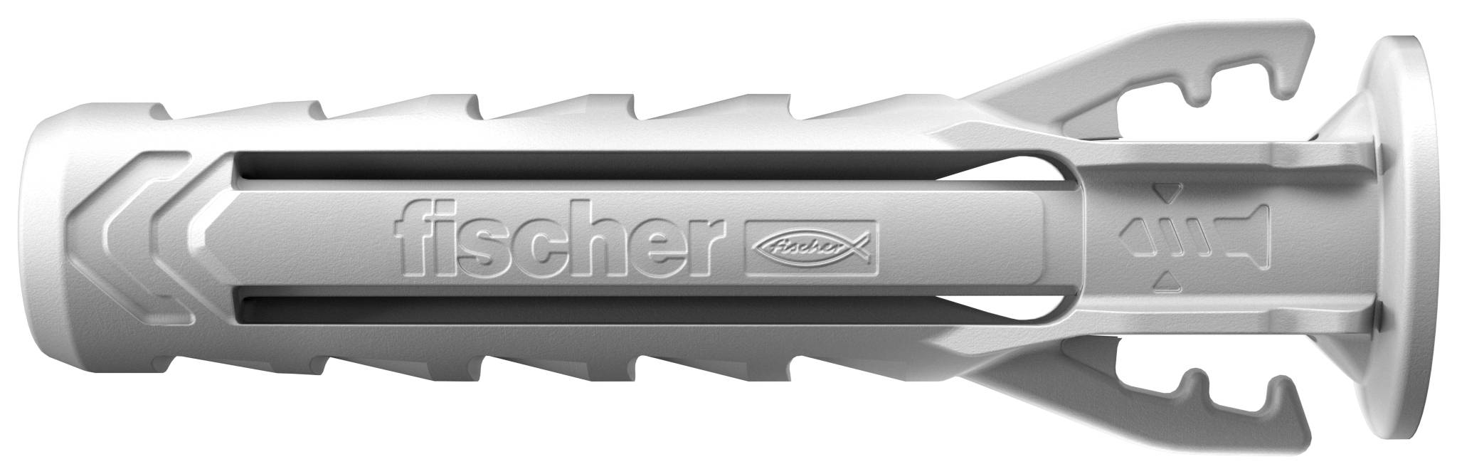 Verpakking van een Fischer SX Plus plug, toont montagehandleiding met afmetingen, gereedschapssymbolen en materialen aan de rechterkant van het product.