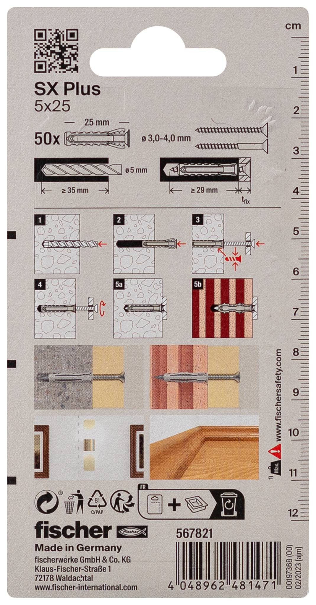 Verpakking van Fischer SX Plus pluggen, maat 5x25 mm, 50 stuks. Geschikt voor belastingen tot 35 kg in beton. Productafbeelding.