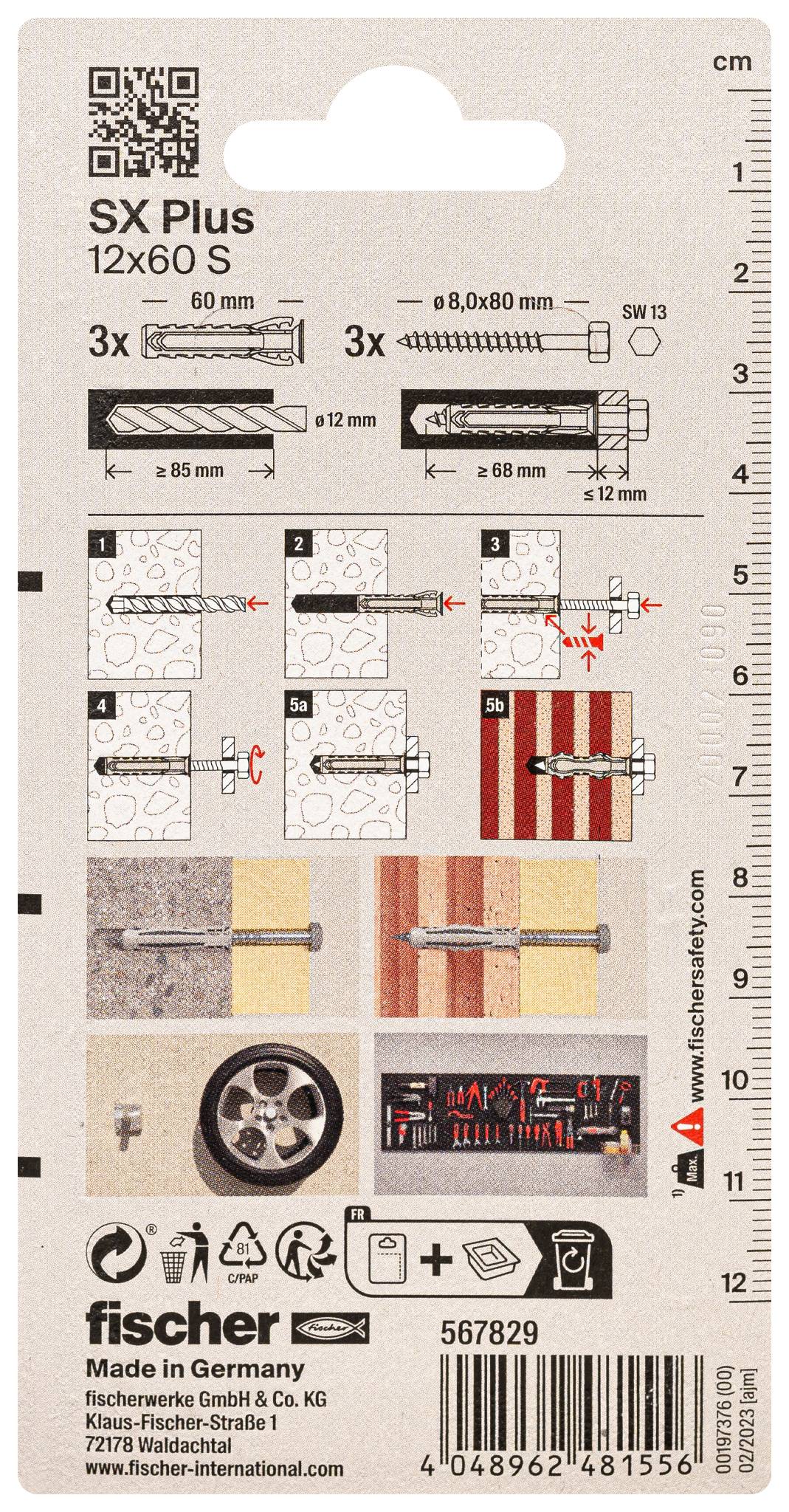 Verpakking van Fischer-pluggen, model 'SX Plus 12x60 S' met installatiehandleiding. Bevat drie pluggen met schroeven en afbeeldingen van de toepassing.