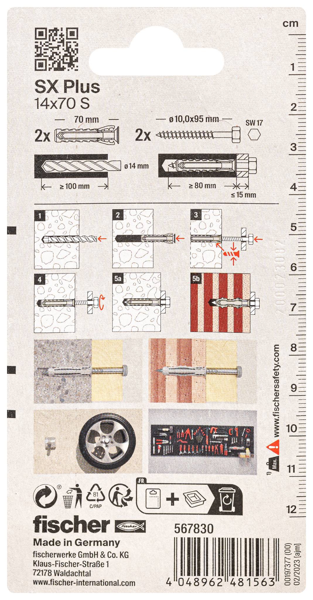 Achterkant van de verpakking toont montage-instructies voor Fischer SX Plus pluggen: Boren, plug plaatsen, schroef aantrekken. Made in Germany.