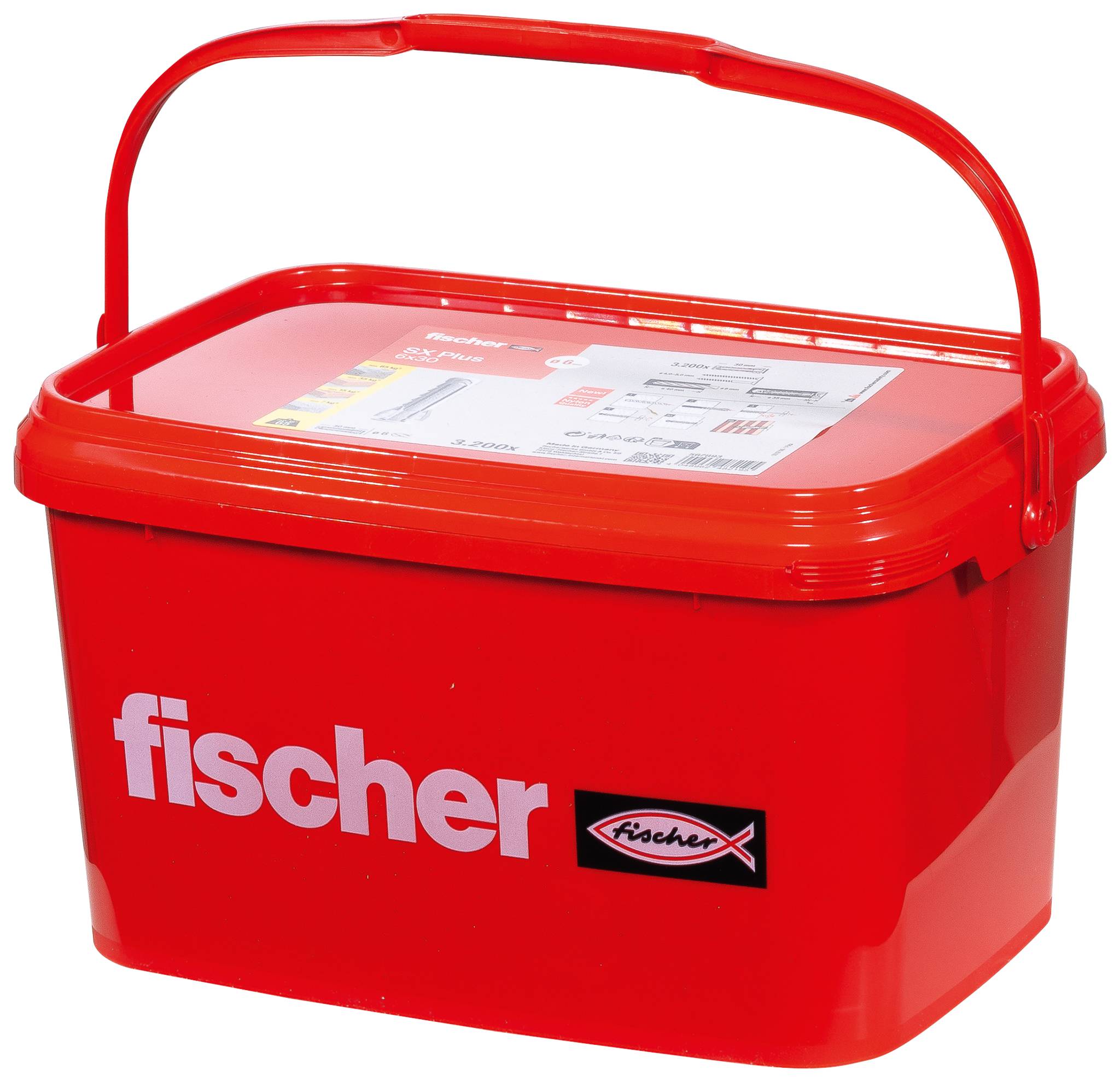 Rode Fischer opslagdoos met draaggreep en deksel, weergegeven op een witte achtergrond.