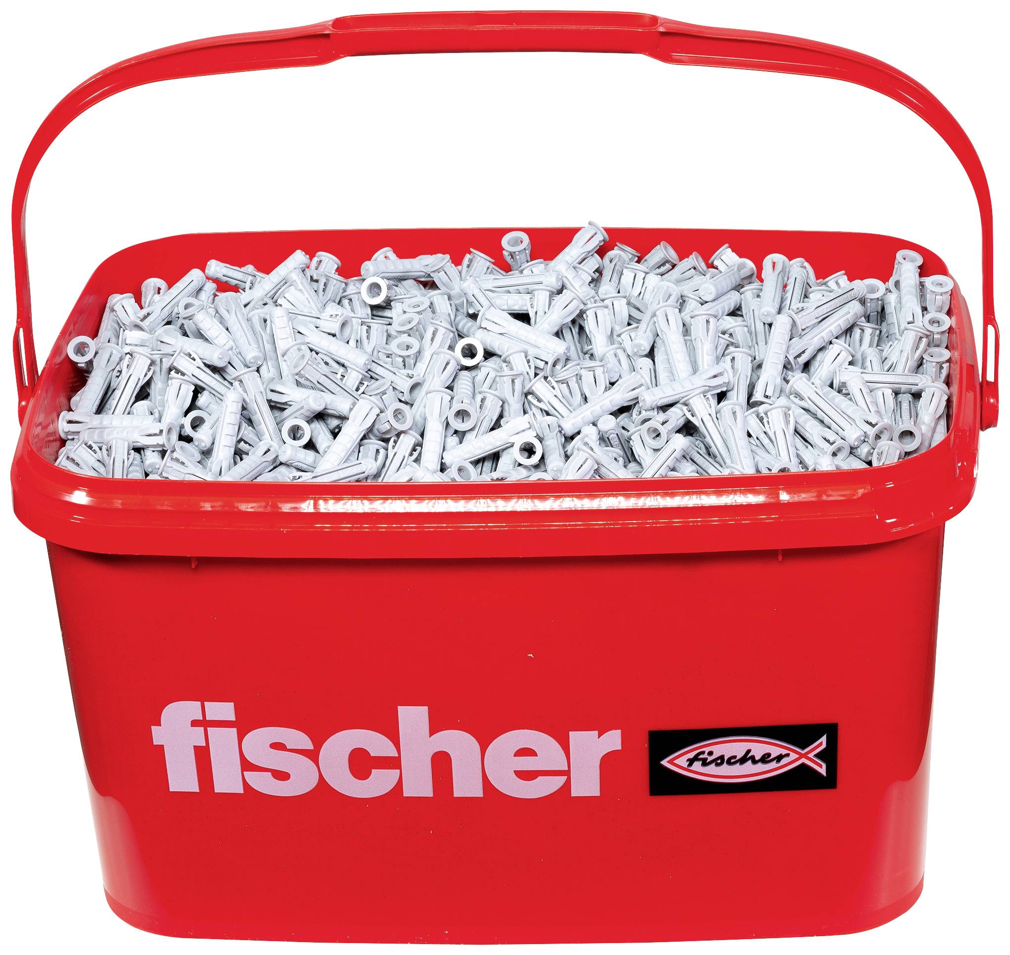 Rode emmer met grijze pluggen, merk 'fischer' en logo vooraan zichtbaar.