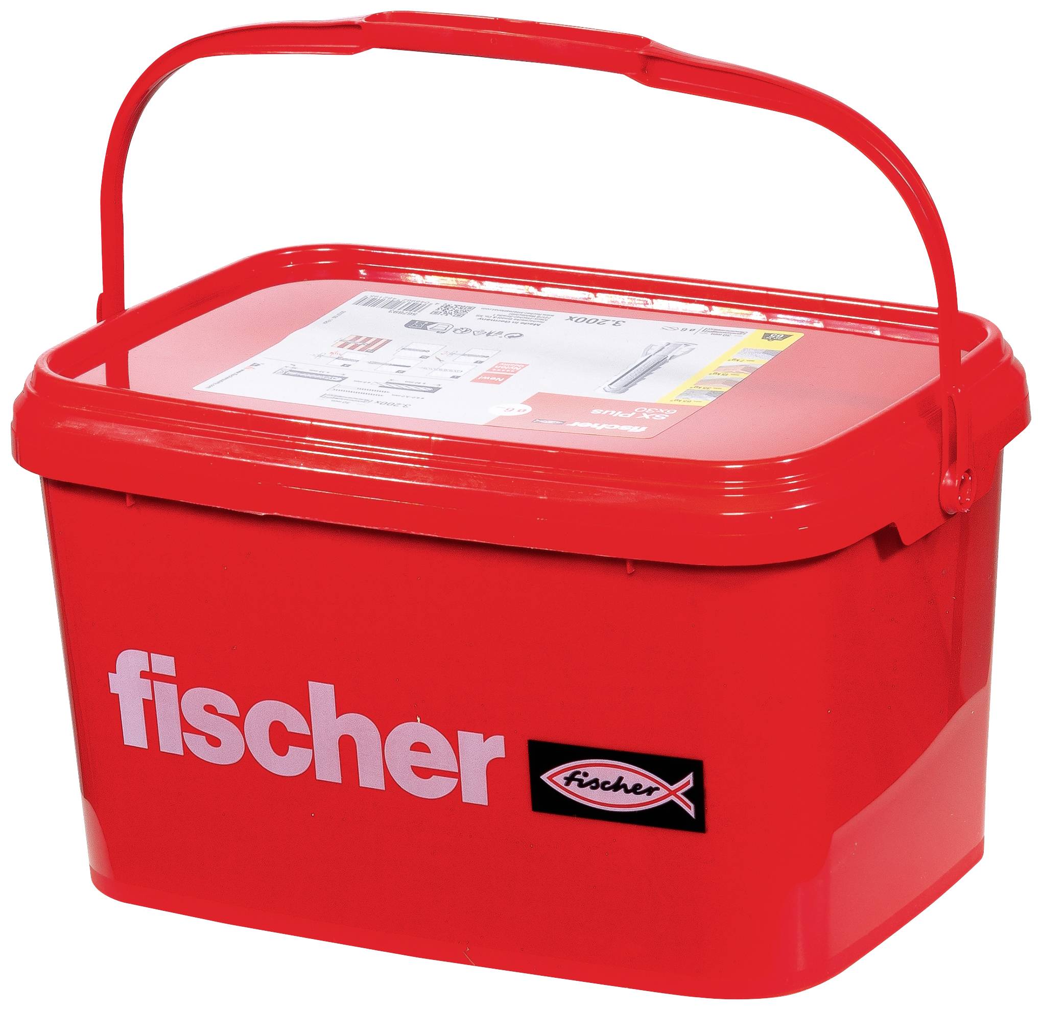 Een rode emmer van Fischer met handvat, vermoedelijk bedoeld voor het opbergen van bevestigingsmaterialen. Het Fischer-logo is duidelijk zichtbaar.