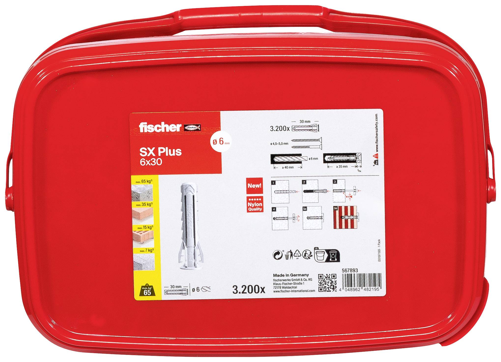 Rode gereedschapsdoos van Fischer, model SX Plus 6x30. Toont productafbeeldingen, afmetingen, capaciteit (3.200 stuks) en fabricagelanden.