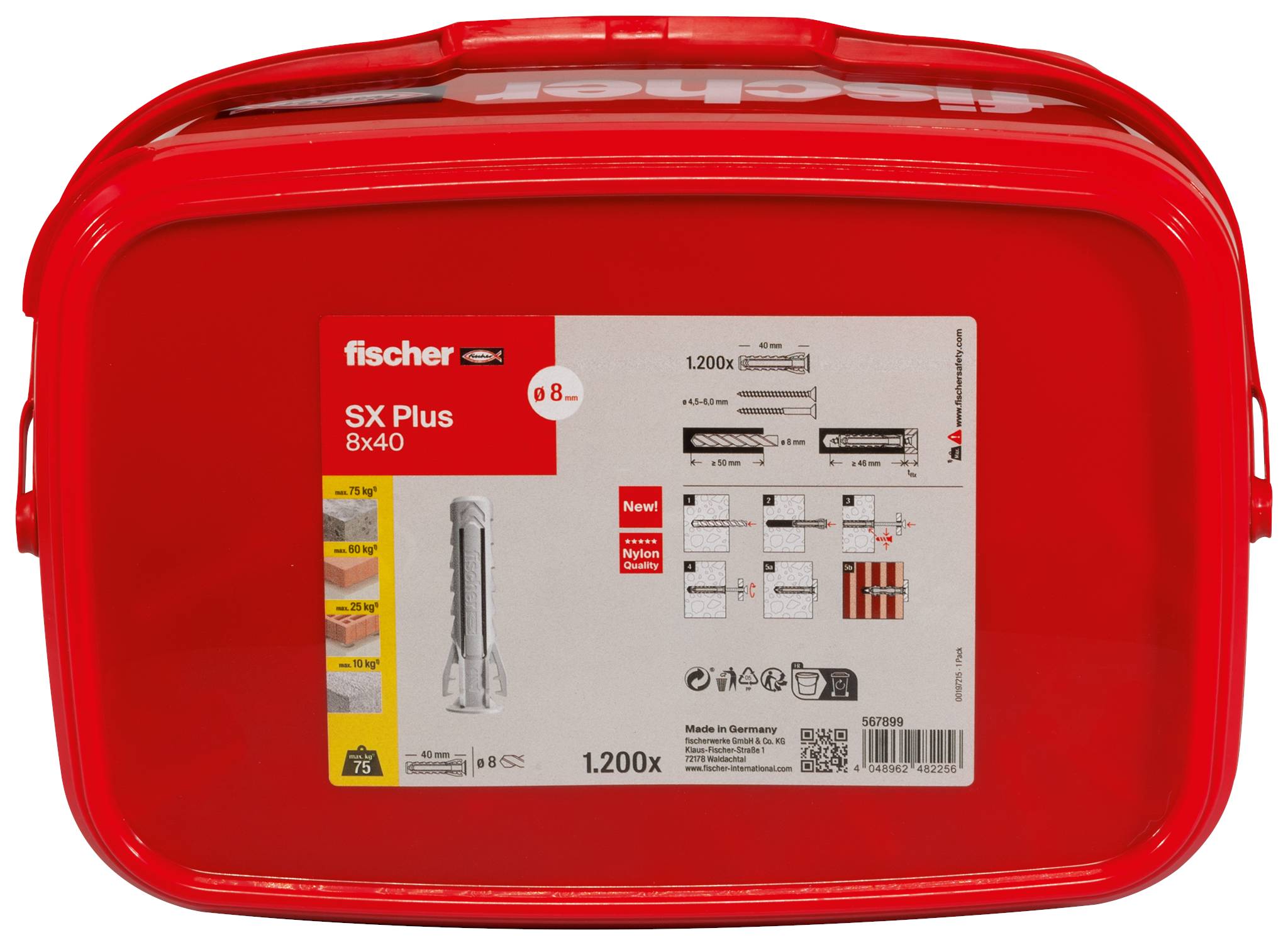 Een rode kunststof container met 'fischer'-logo, gevuld met nylon-pluggen. Handgreep en etiket met productinformatie.