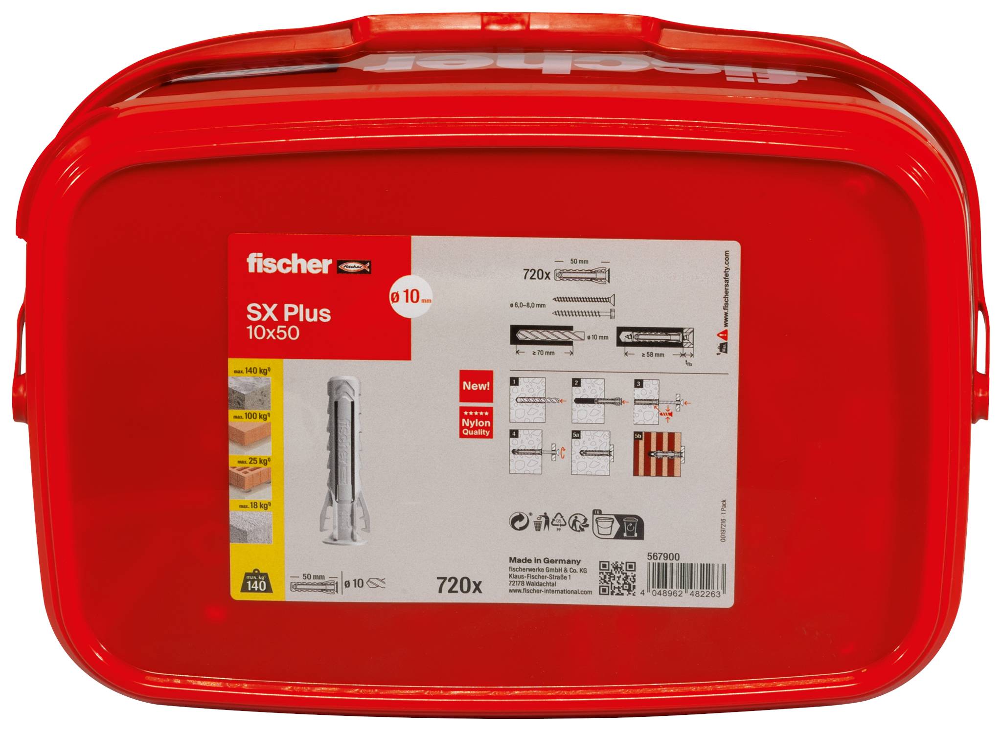 Rode emmer met handvat, waarop het logo 'fischer', aan de voorkant een etiket met productdetails.