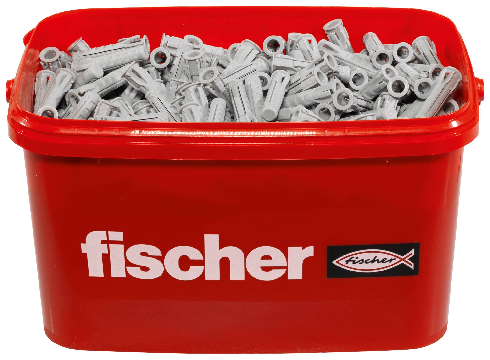 Rode kunststof doos van 'fischer' met opdruk 'SX Plus 10x50'. Afbeeldingen tonen productspecificaties en gebruiksvoorbeelden.