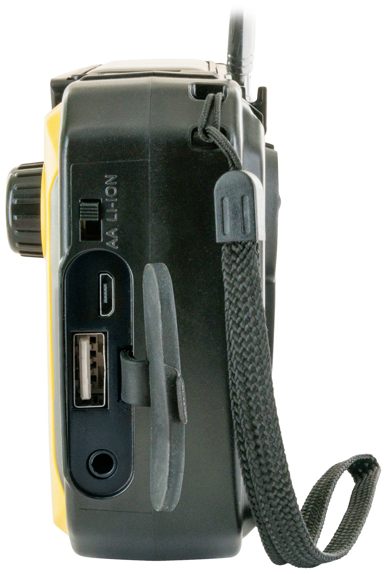 Digitale camera van opzij met een geel behuizing, USB-aansluiting, riem en zwarte afwerking.