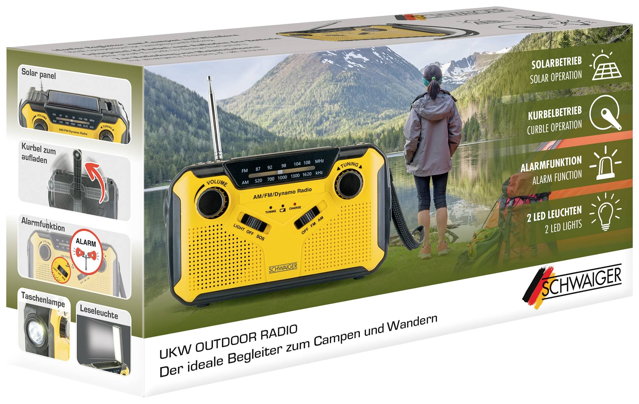 Doos van een FM outdoor radio met zonne- en handslinger aandrijving. Ideaal voor kamperen en wandelen. Met LED-verlichting en alarmfunctie.