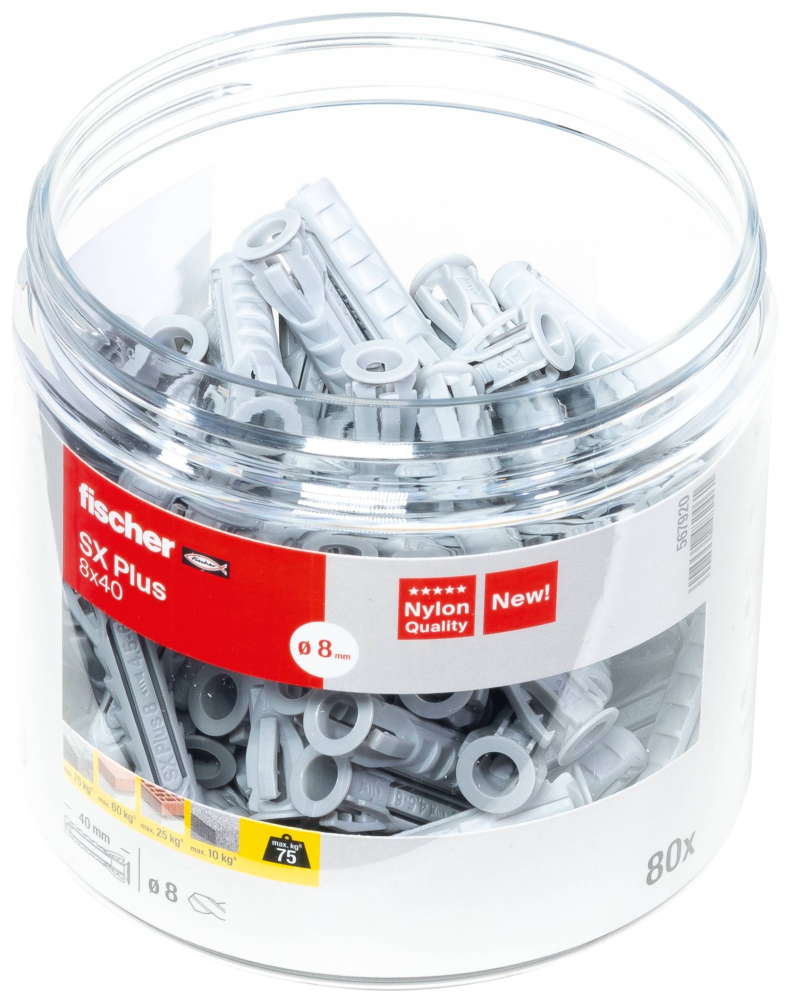 Plastic container met 80 grijze nylon pluggen, merk 'fischer SX Plus 8x40', voor bevestigingen in muren, verpakking met rood etiket.