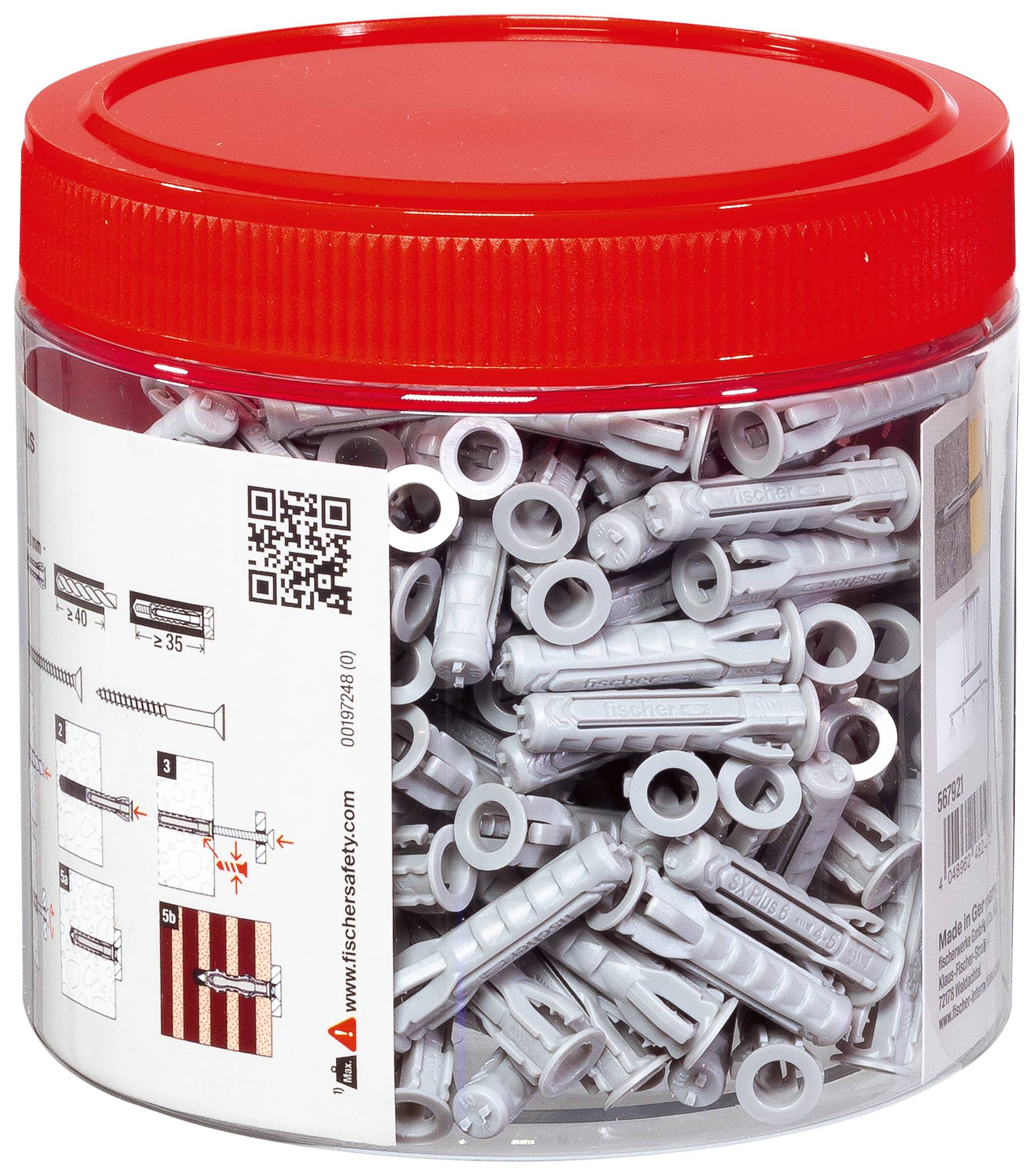 Kunststof pluggen in een transparante, cilindrische container met een rode deksel. Het etiket toont montageStappen en een QR-code.
