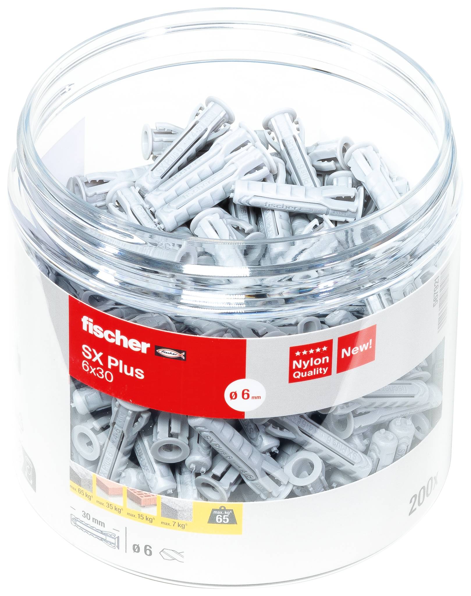 Een beker met grijze nylon pluggen van het merk 'fischer', model 'SX Plus 6x30'. Etiket toont tekst met specificaties voor maat en kwaliteit.