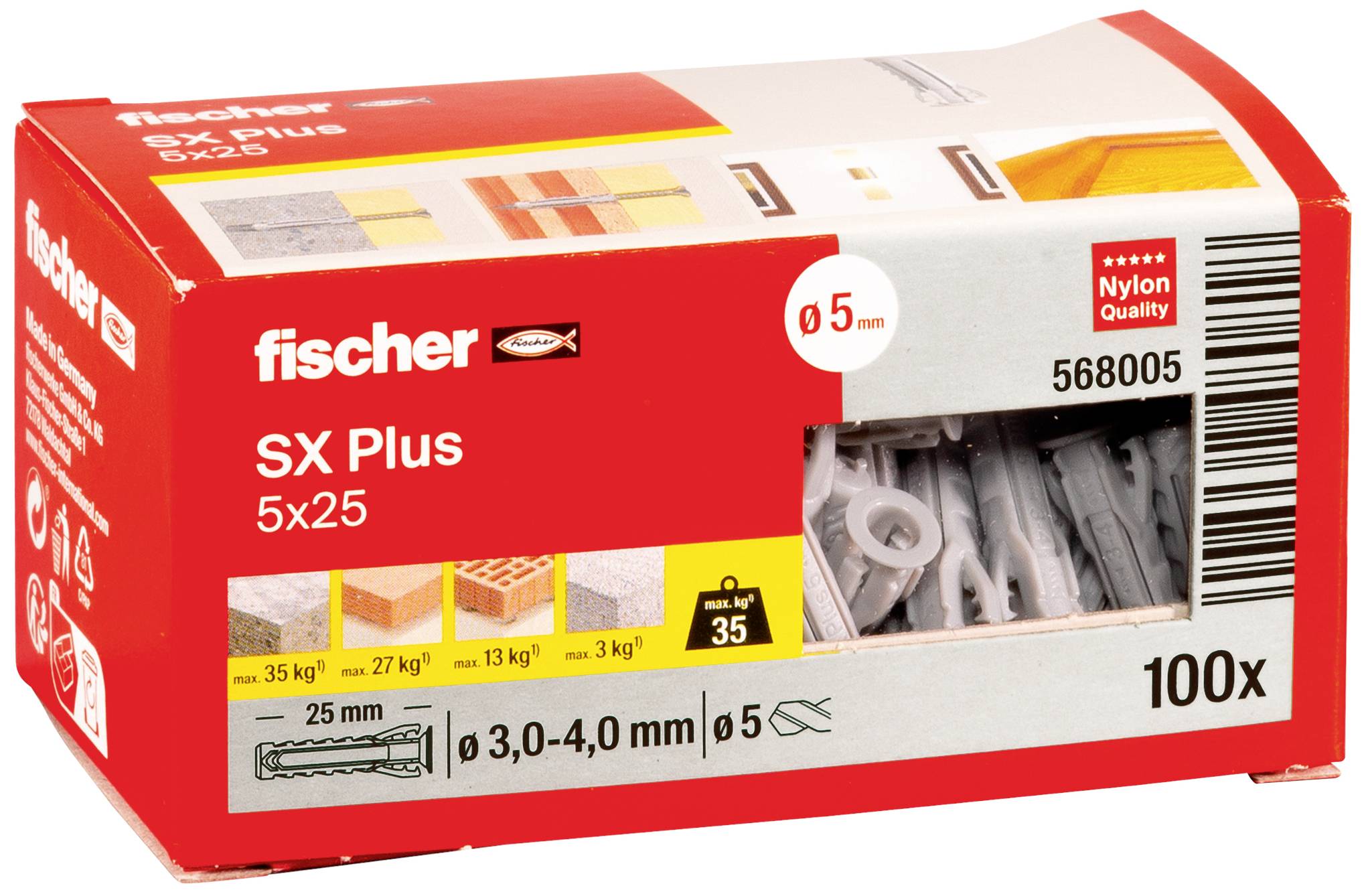 Een verpakking met Fischer SX Plus pluggen, maat 5x25 mm, 100 stuks. Geschikt voor metselwerk en beton met een houdkracht tot 27 kg per plug.