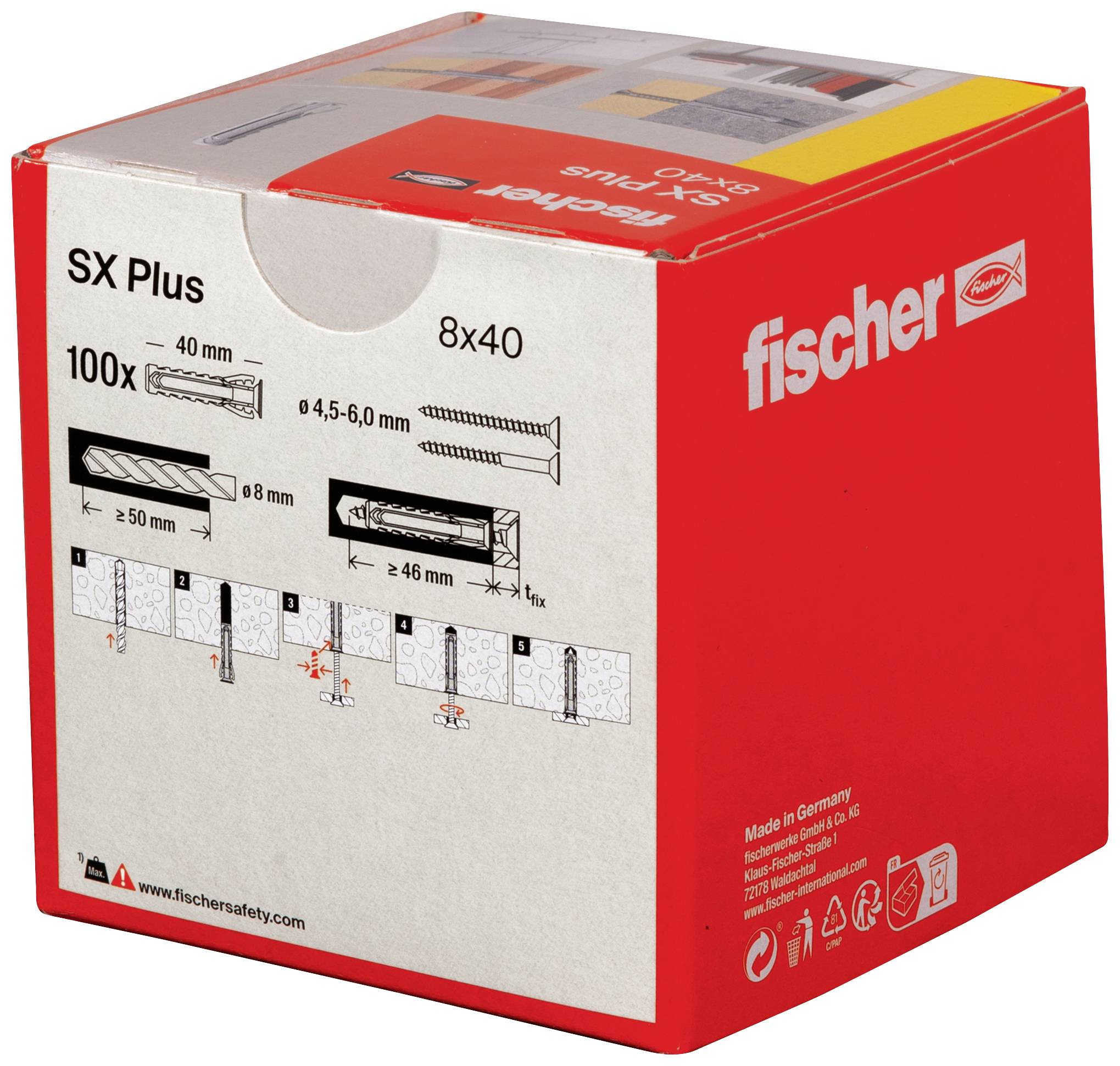 Rode verpakking van een Fischer SX Plus 8x40 pluggen met 100 stuks. Bevat gebruiksaanwijzing en technische details. Gemaakt in Duitsland.