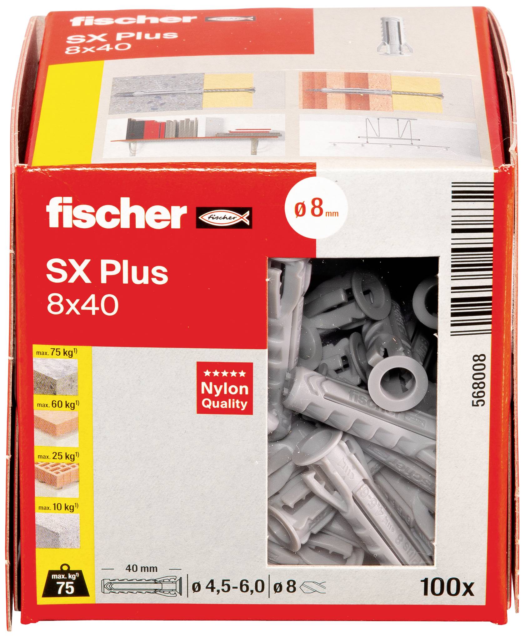 'Fischer SX Plus 8x40' plugverpakking. Bevat 100 grijze kunststof pluggen, geschikt voor belastingen tot 75 kg bij een diameter van 8 mm.