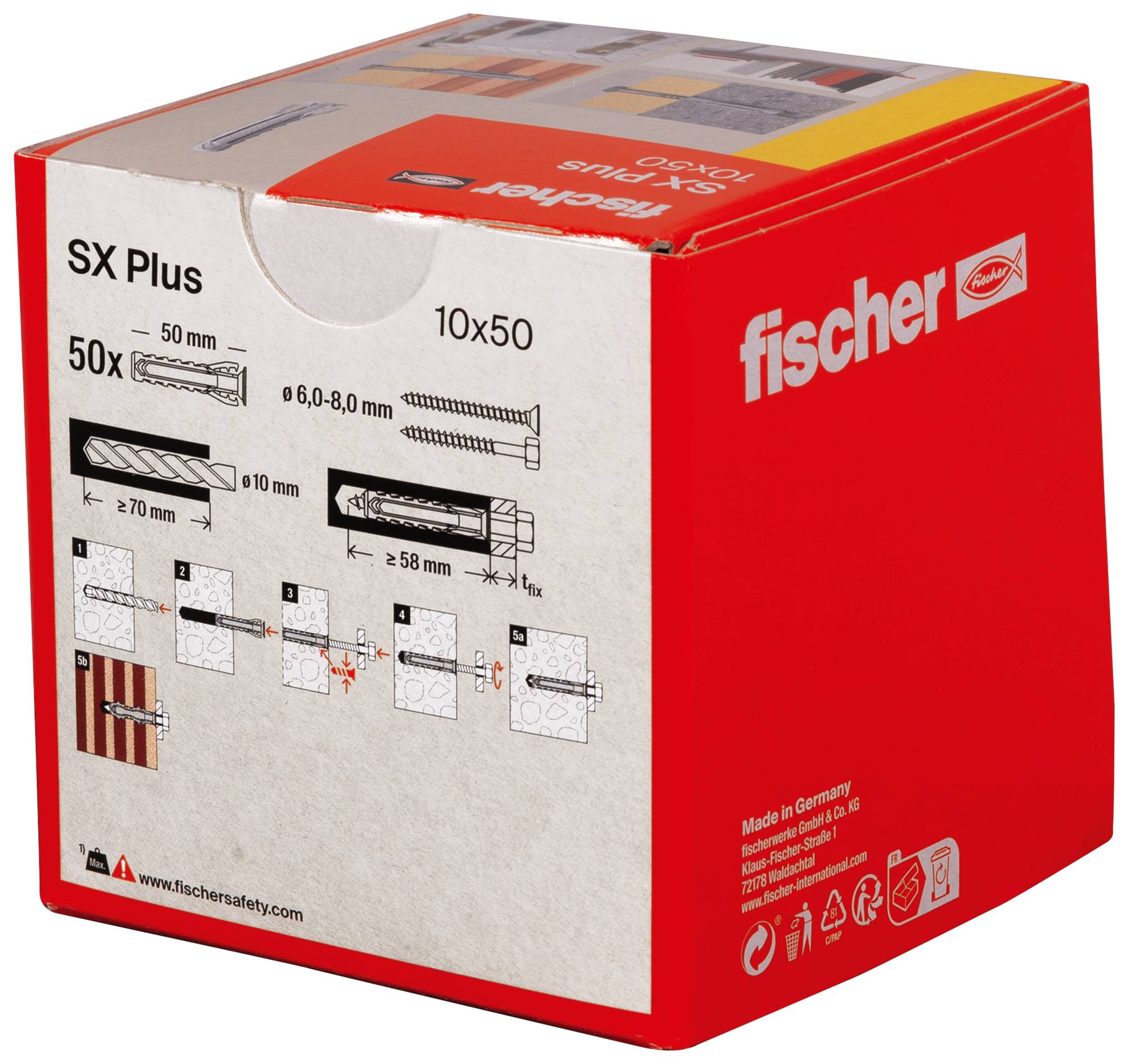 Een verpakking met Fischer SX Plus 10x50 pluggen voor muren, rood-geel-blauw design, bevat 50 stuks, nylonkwaliteit, draagvermogen tot 140 kg.
