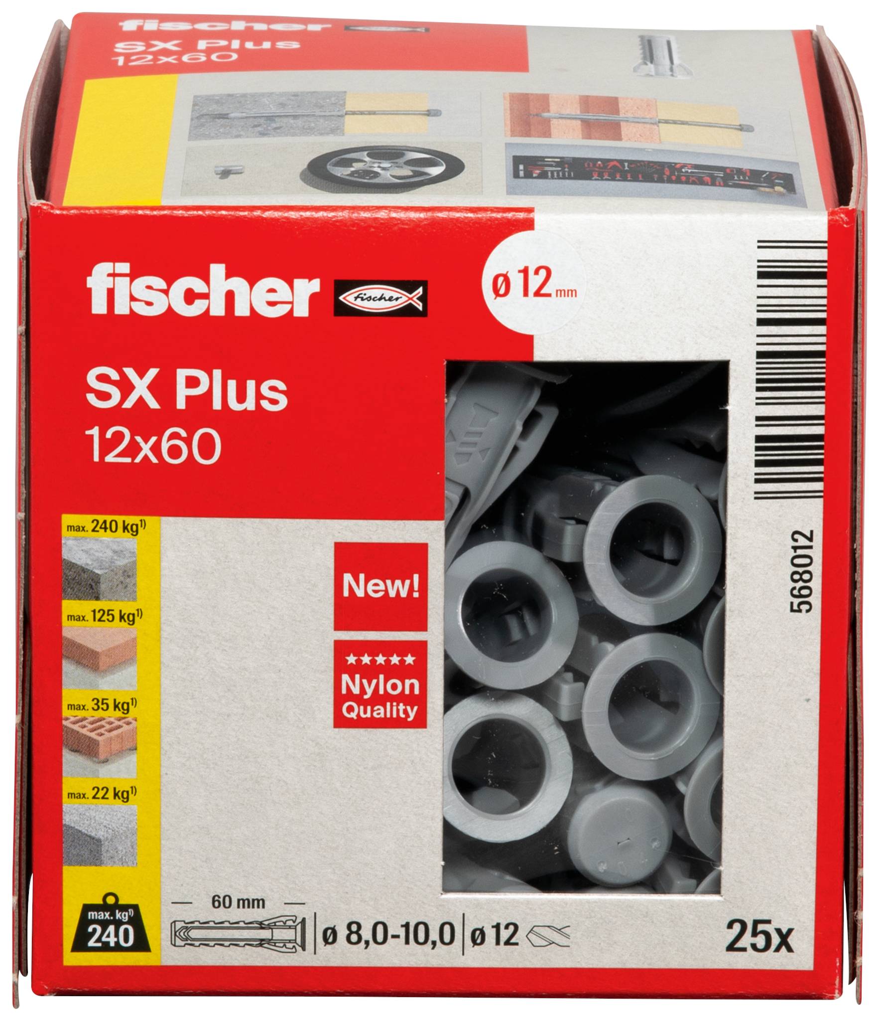 Rode verpakking van het merk Fischer met 25 pluggen en schroeven. Toont toepassingsstappen voor het gebruik van de 12x60 mm SX Plus pluggen.