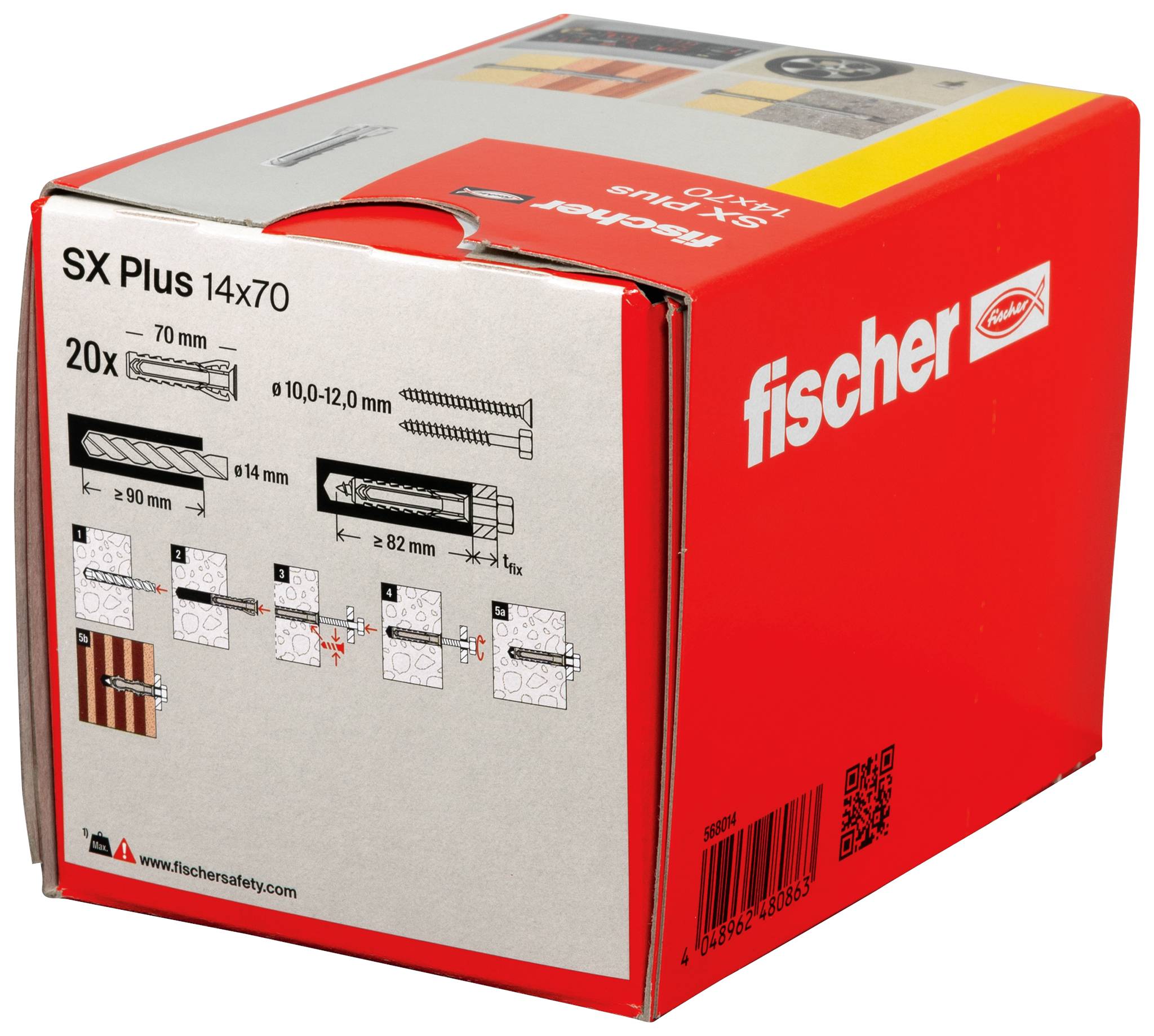 Rode verpakking met 20 grijze Fischer-pluggen 'SX Plus 14x70', geschikt voor verschillende materialen, draagt tot 350 kg.