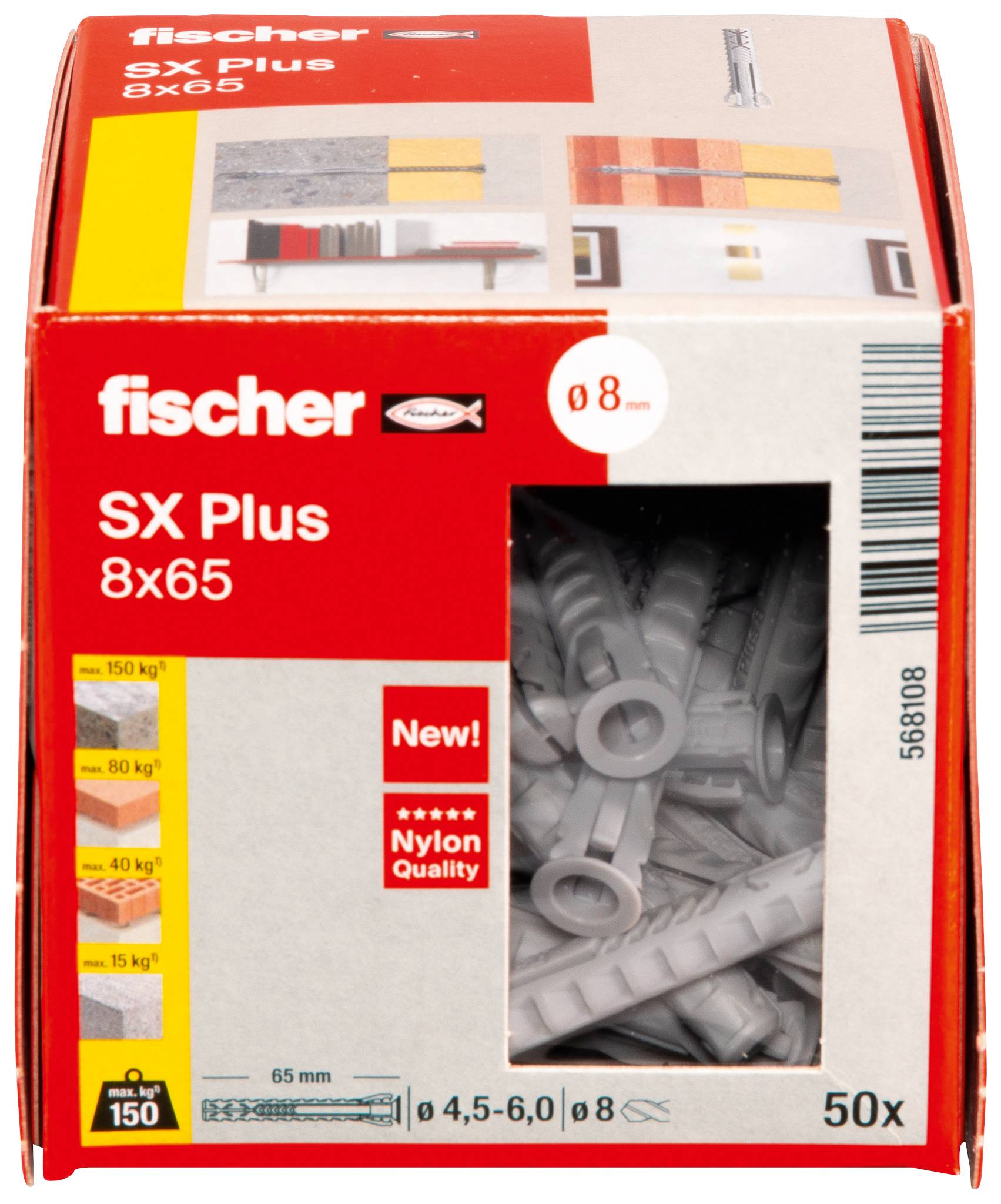 Packaging shows Fischer SX Plus plug and mounting details. 50 pieces per package, suitable for 65 mm depth and various materials.