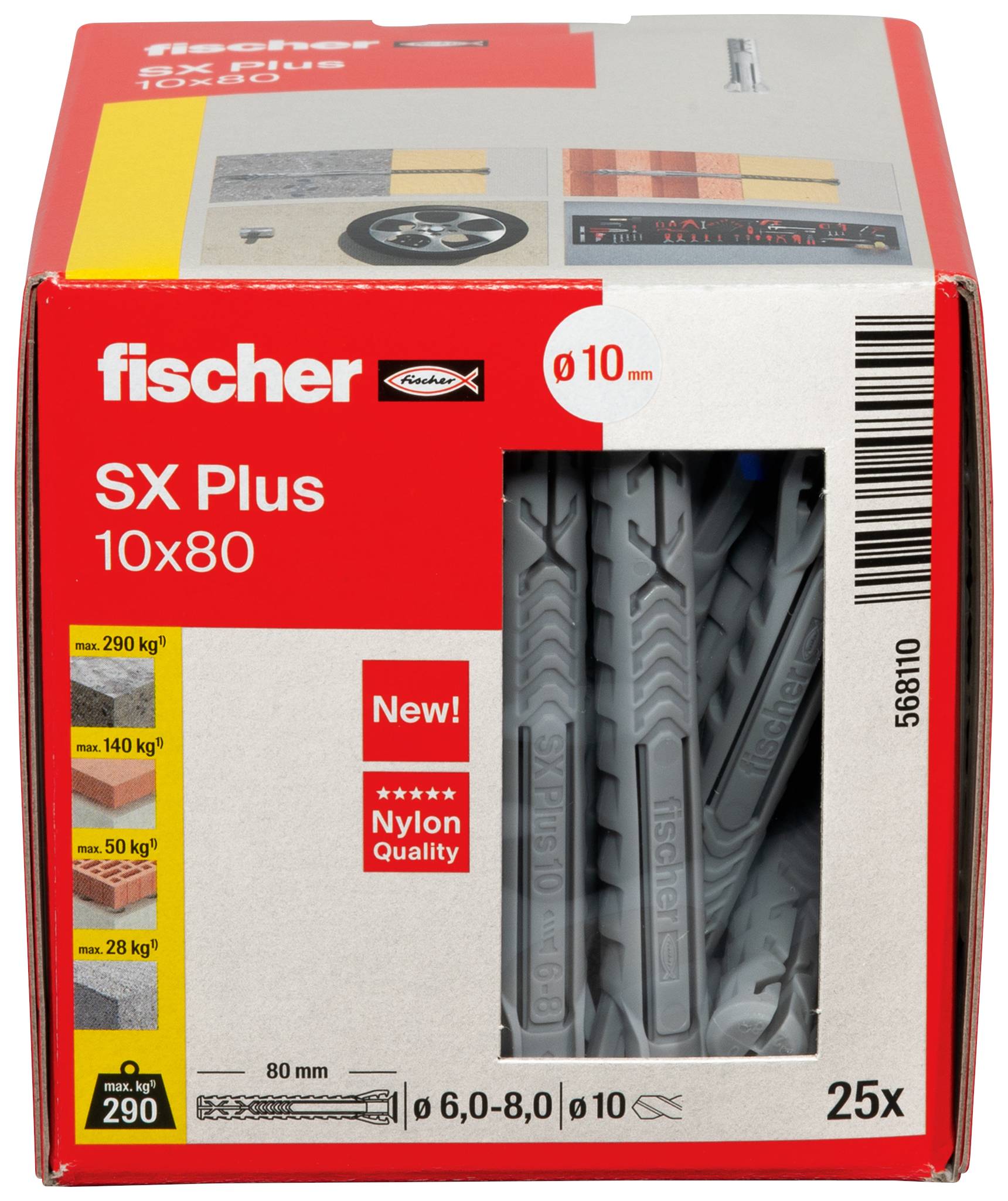 'Fischer SX Plus 10x80' plugverpakking toont montagehandleiding en afmetingen van de pluggen evenals de materialen waarvoor ze geschikt zijn.