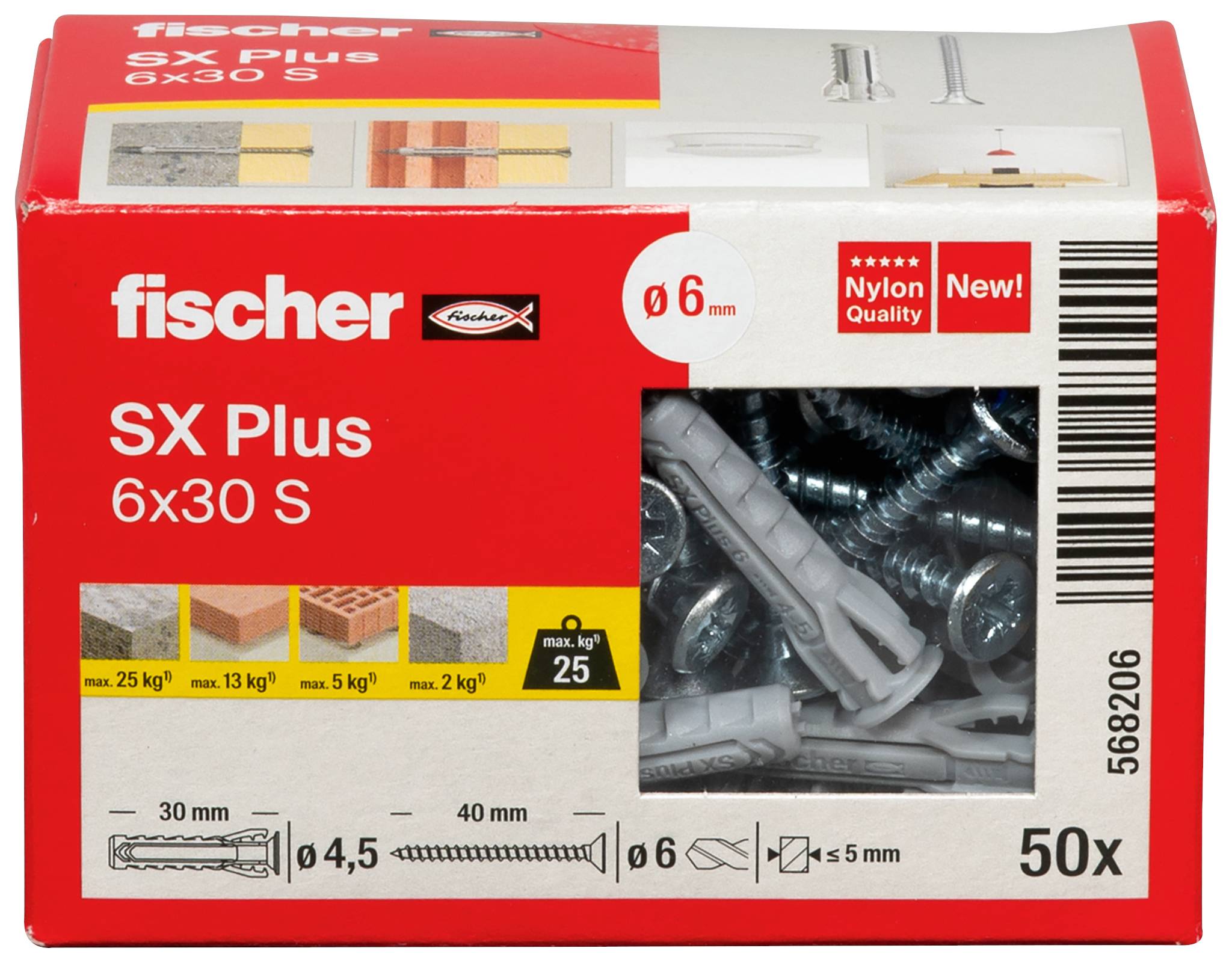 Productafbeelding van een Fischer SX Plus 6x30 S schroef- en plugdoos, toont 50 stuks per maat. Montagehandleiding weergegeven.
