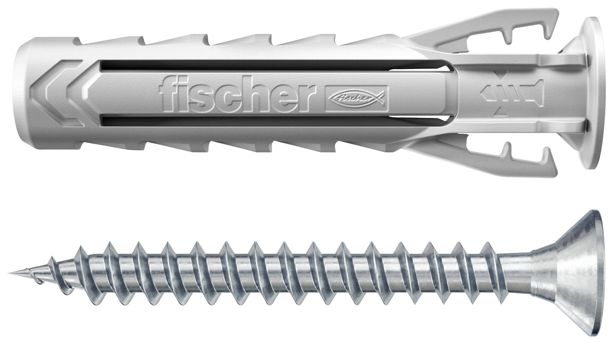 Een verpakking Fischer SX Plus 8x40 S universele pluggen met schroeven. Op de verpakking staan belastingsrichtlijnen en productdetails.