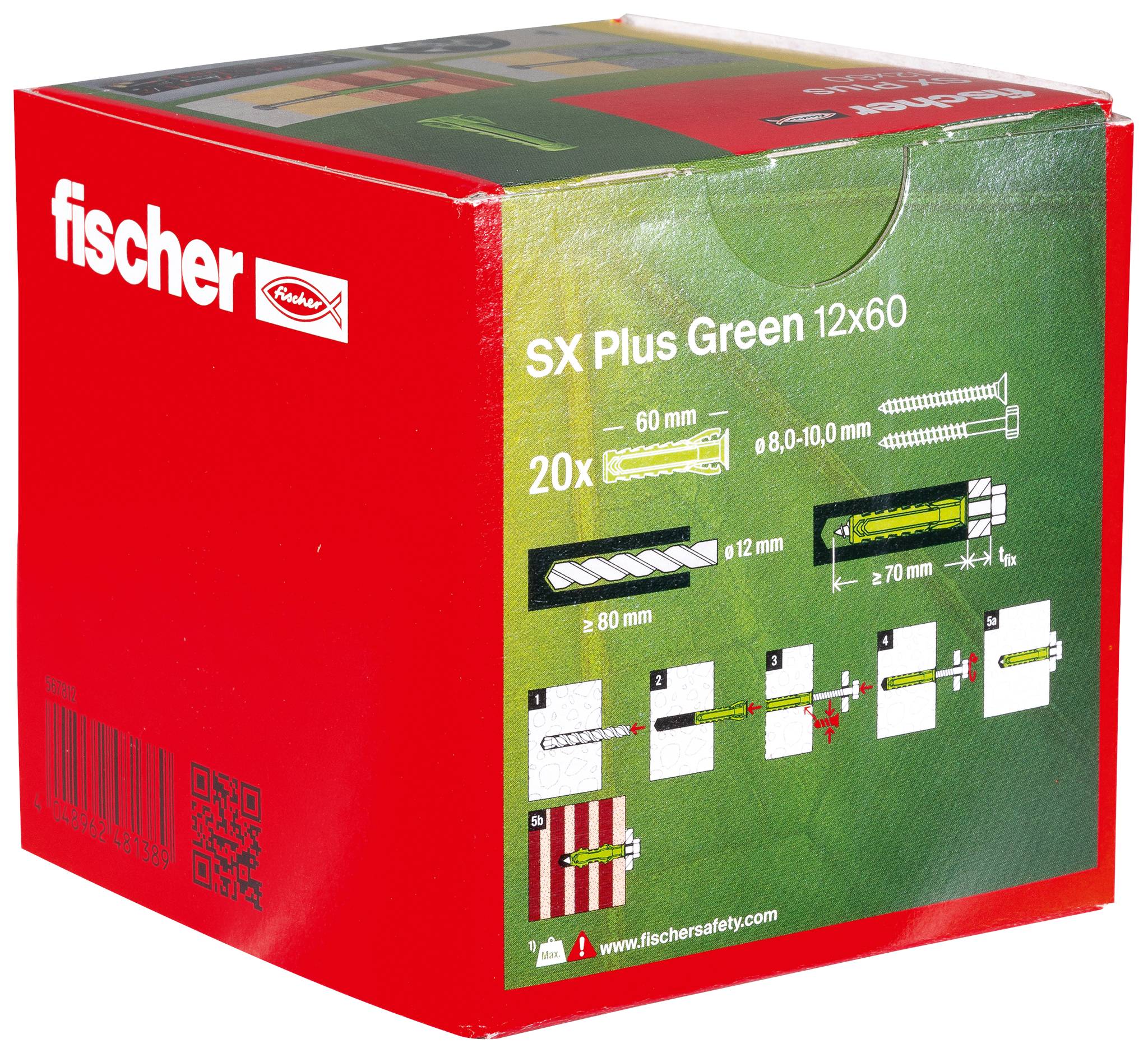 Verpakking van de fischer SX Plus Green 12x60 schroeven en pluggen. Toont details voor montage en afmetingsgegevens (60 mm, 8-10 mm).