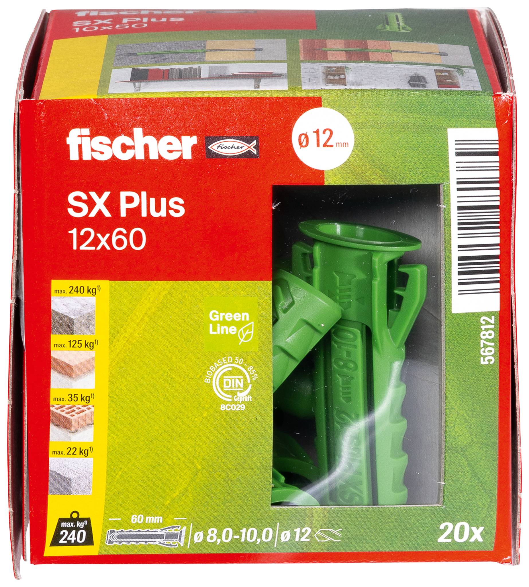 Verpakking van Fischer SX Plus 12x60 pluggen, 20 stuks. Toont toepassingsvoorbeelden voor verschillende materialen en hun draagvermogen.