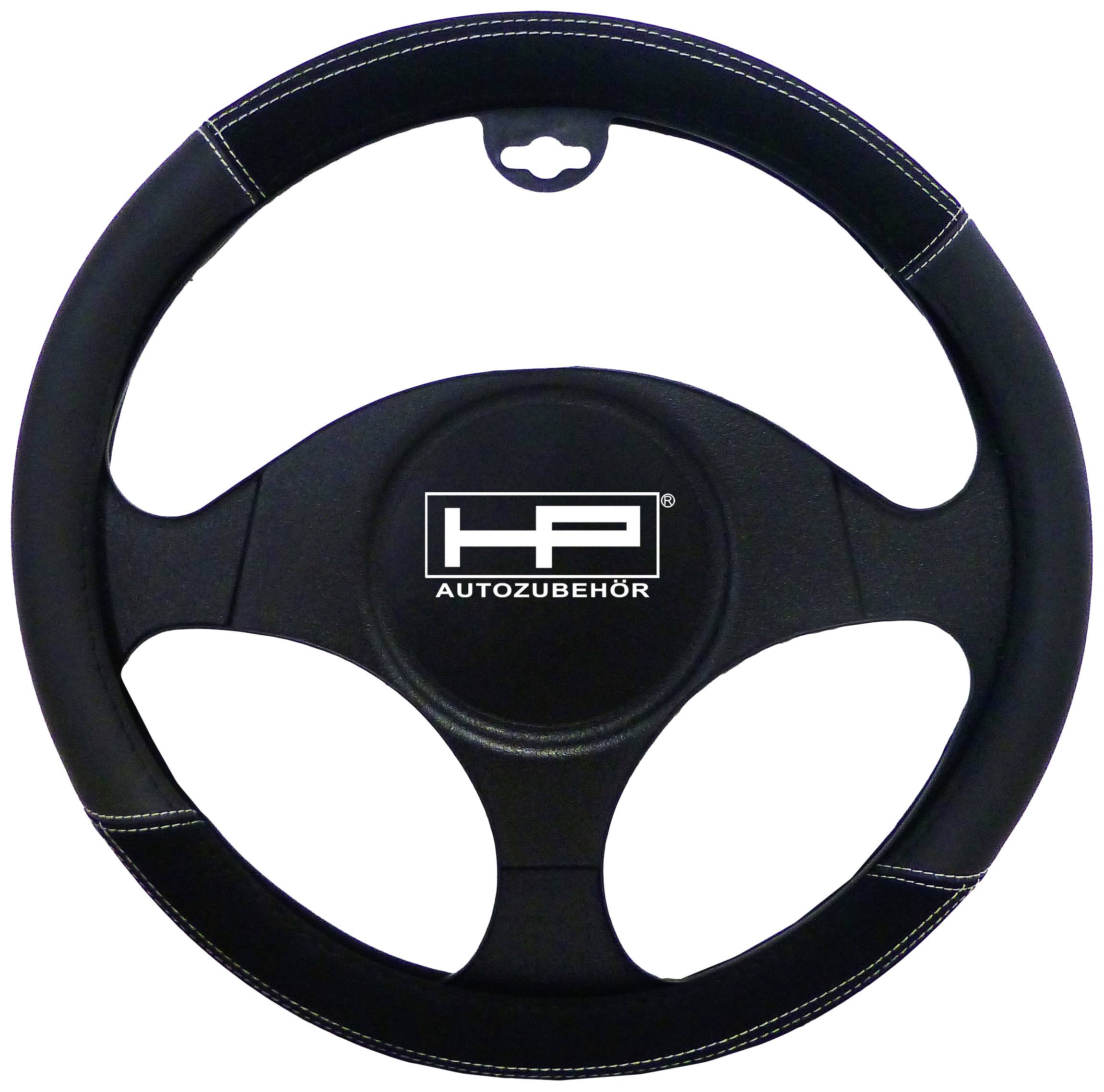 Stuurhoes van zwart leer met witte stiksels en een logosymbool in het midden, geschikt als auto-accessoire.