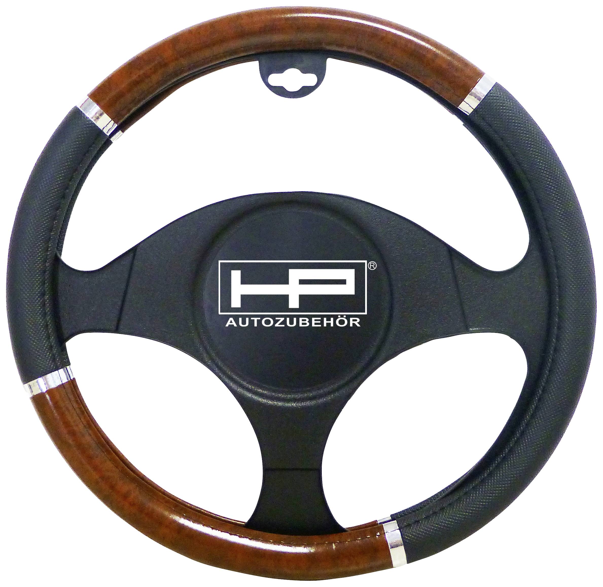 'Stuurhoes van zwart en bruin materiaal met metalen elementen. In het midden staat "HP" en "AUTOZUBEHÖR".'