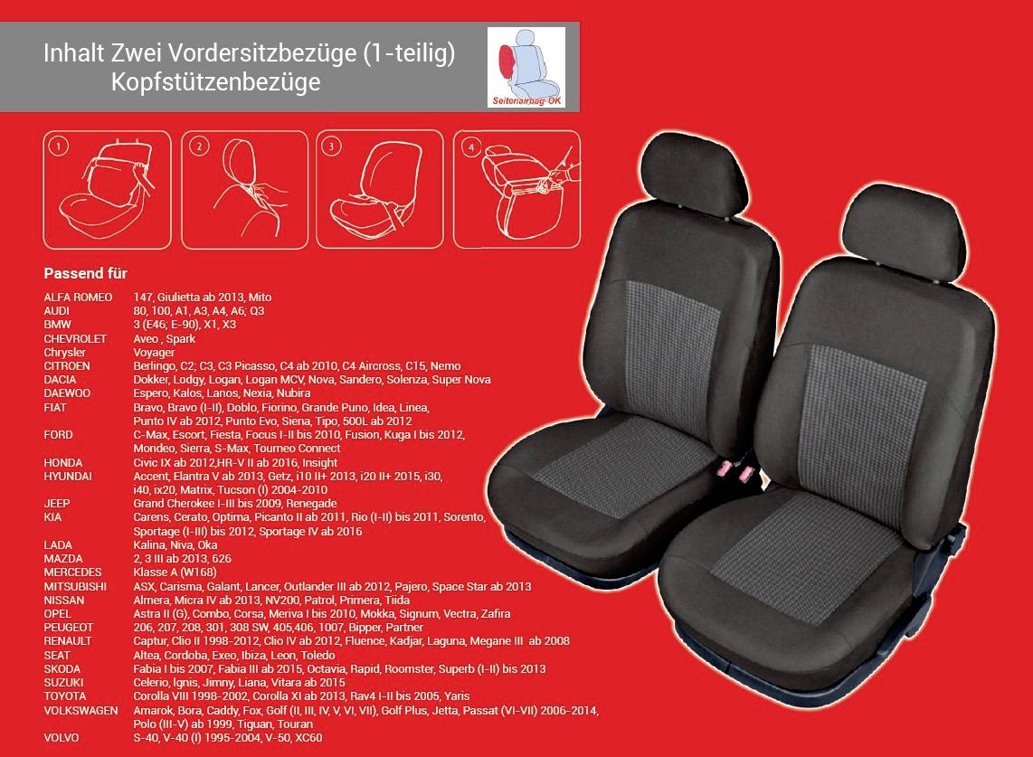 'Rode verpakking met foto van twee autostoelhoezen. Lijst met compatibele automodellen van verschillende merken eronder vermeld.'