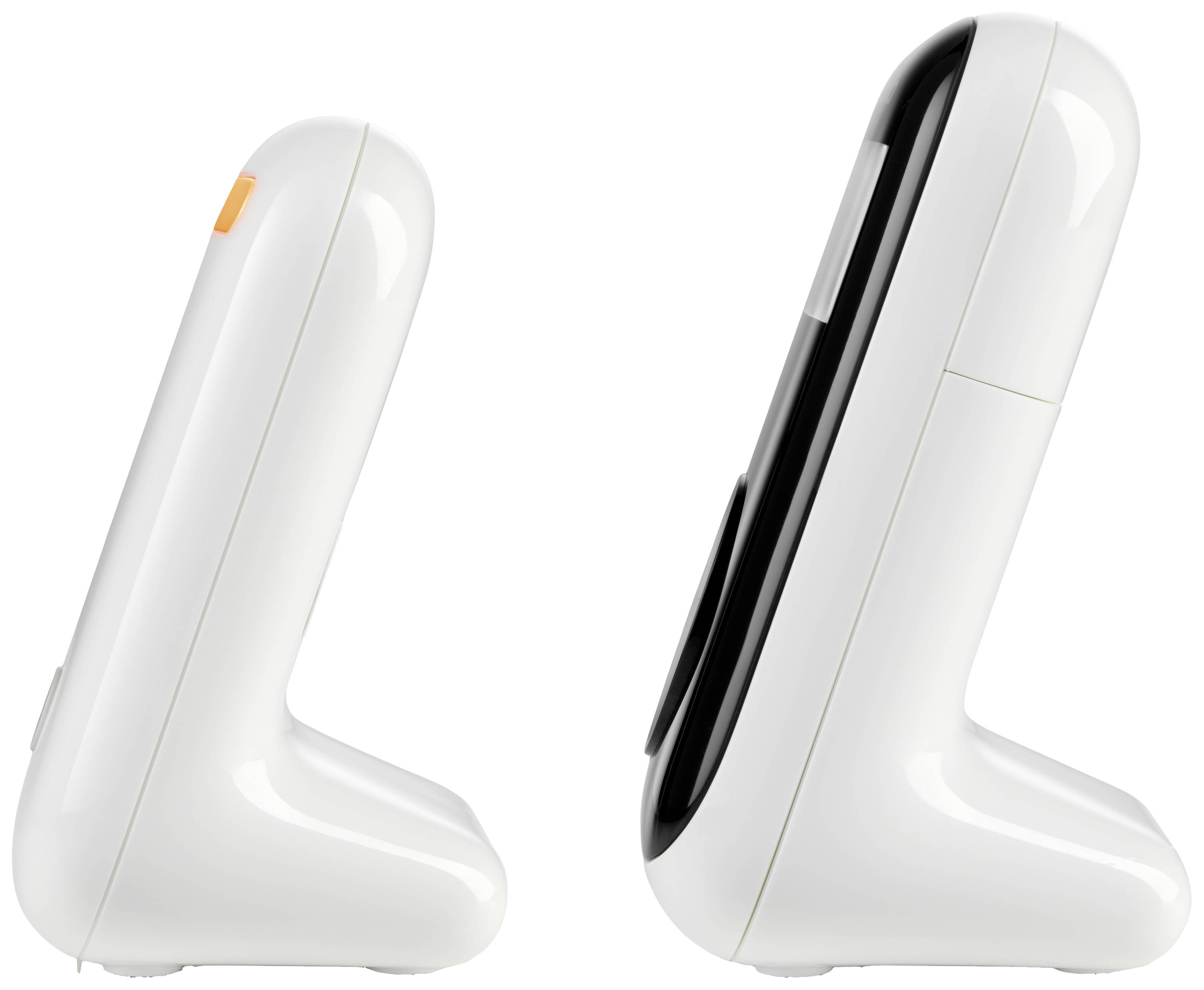 Twee witte, L-vormige apparaten naast elkaar, beide rechtop staand. Links met een oranje accent, rechts met een zwart detail.