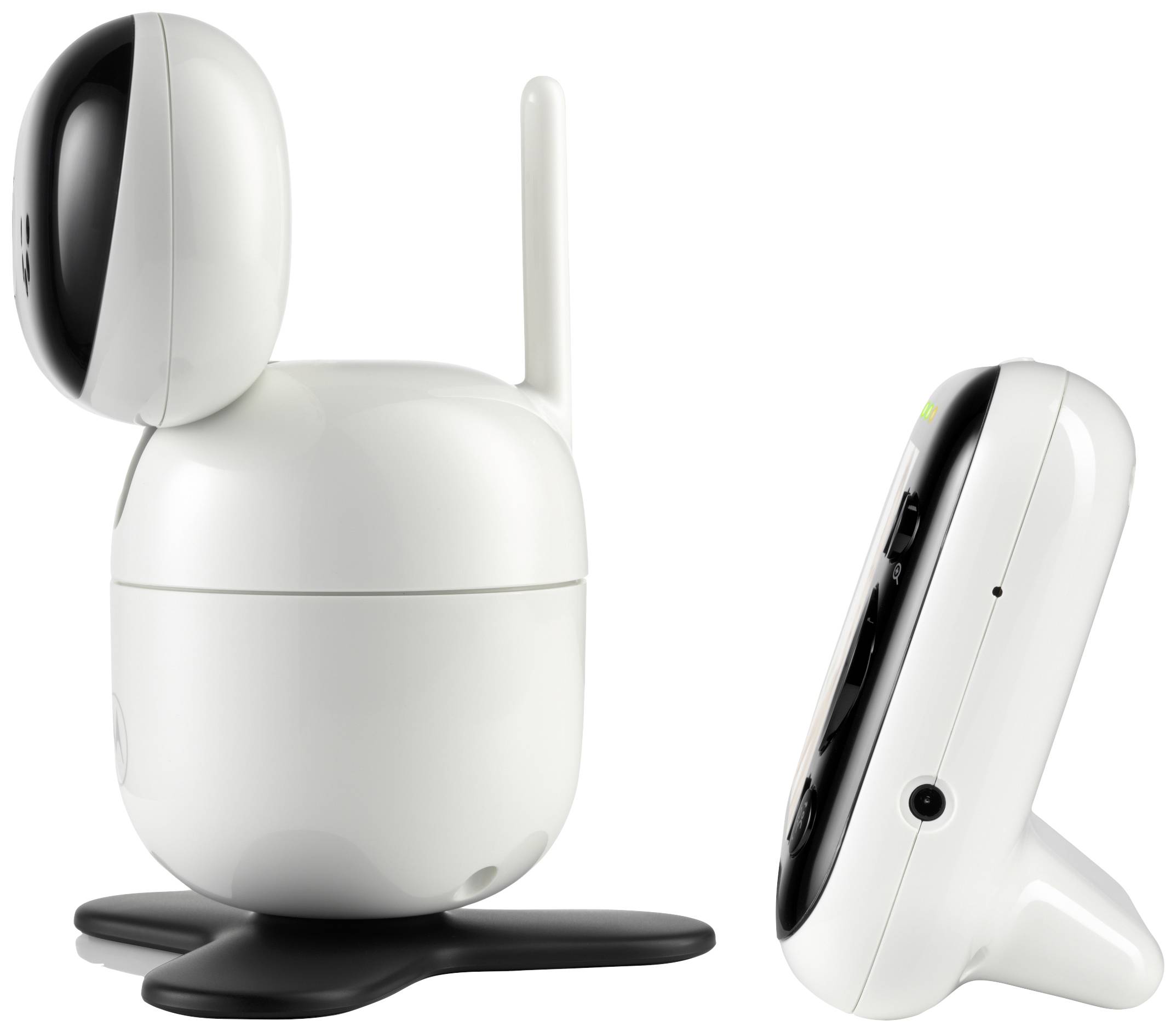Een wit babyfoon-setje met camera links en draagbare monitor rechts. De camera heeft een gladde, moderne vorm met antenne.