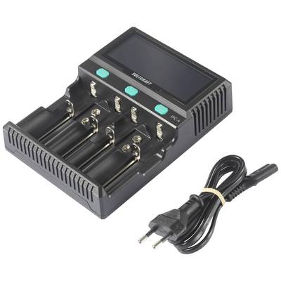 Een batterijlader met vier laadsleuven en een display, naast een stroomkabel met Europese stekker.