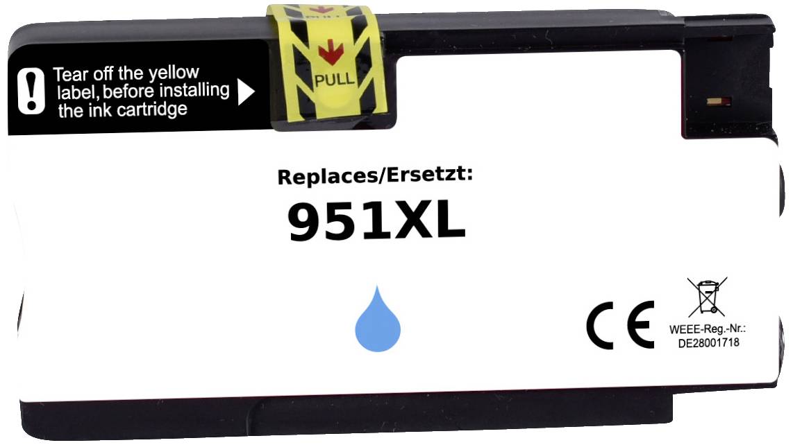 Bijbehorende inktpatroon met opschrift 'Replaces/Ersetzt: 951XL'. Verwijder het gele etiket vóór installatie.