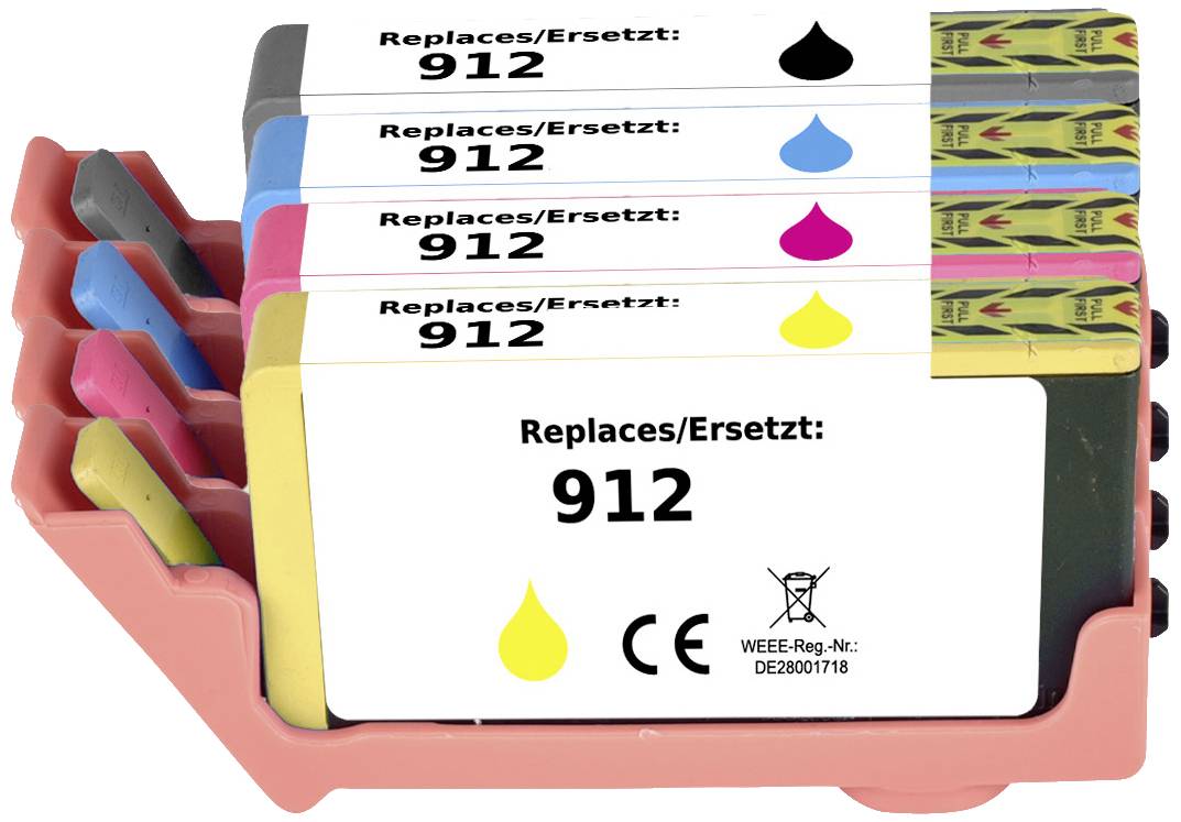 Vijf inktpatronen in Geel, Magenta, Cyaan en Zwart naast elkaar in een roze houder. Opschrift: 'Replaces/Vervangt: 912'.