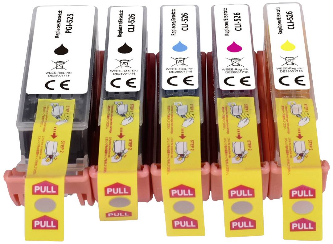 Vijf printercartridges naast elkaar in zwart, cyaan, magenta en geel. Elke cartridge heeft een gele 'PULL'-sticker.