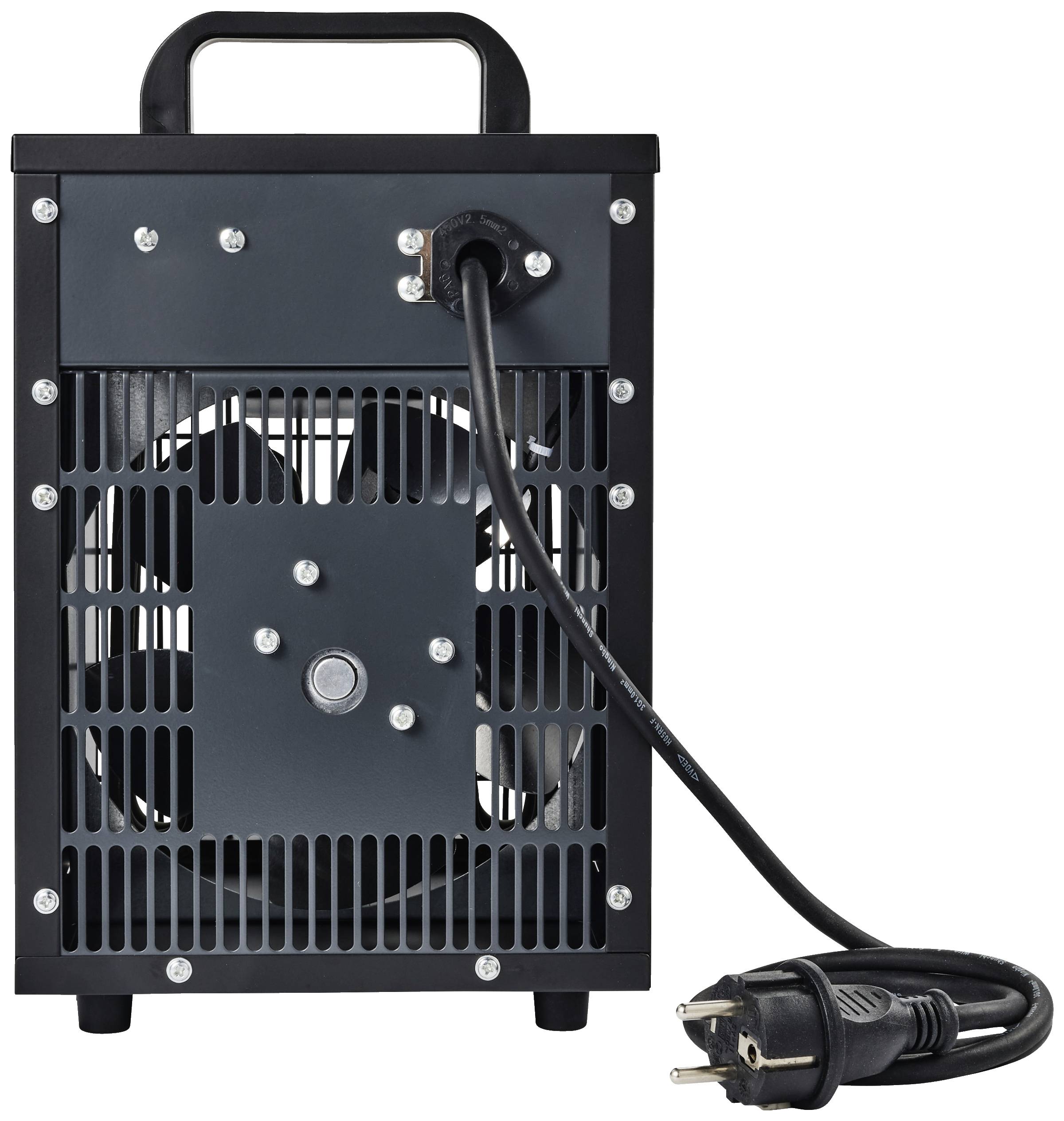 Een draagbare elektrische verwarming met een ventilator aan de voorkant en een netsnoer met stekker aan de rechterkant.