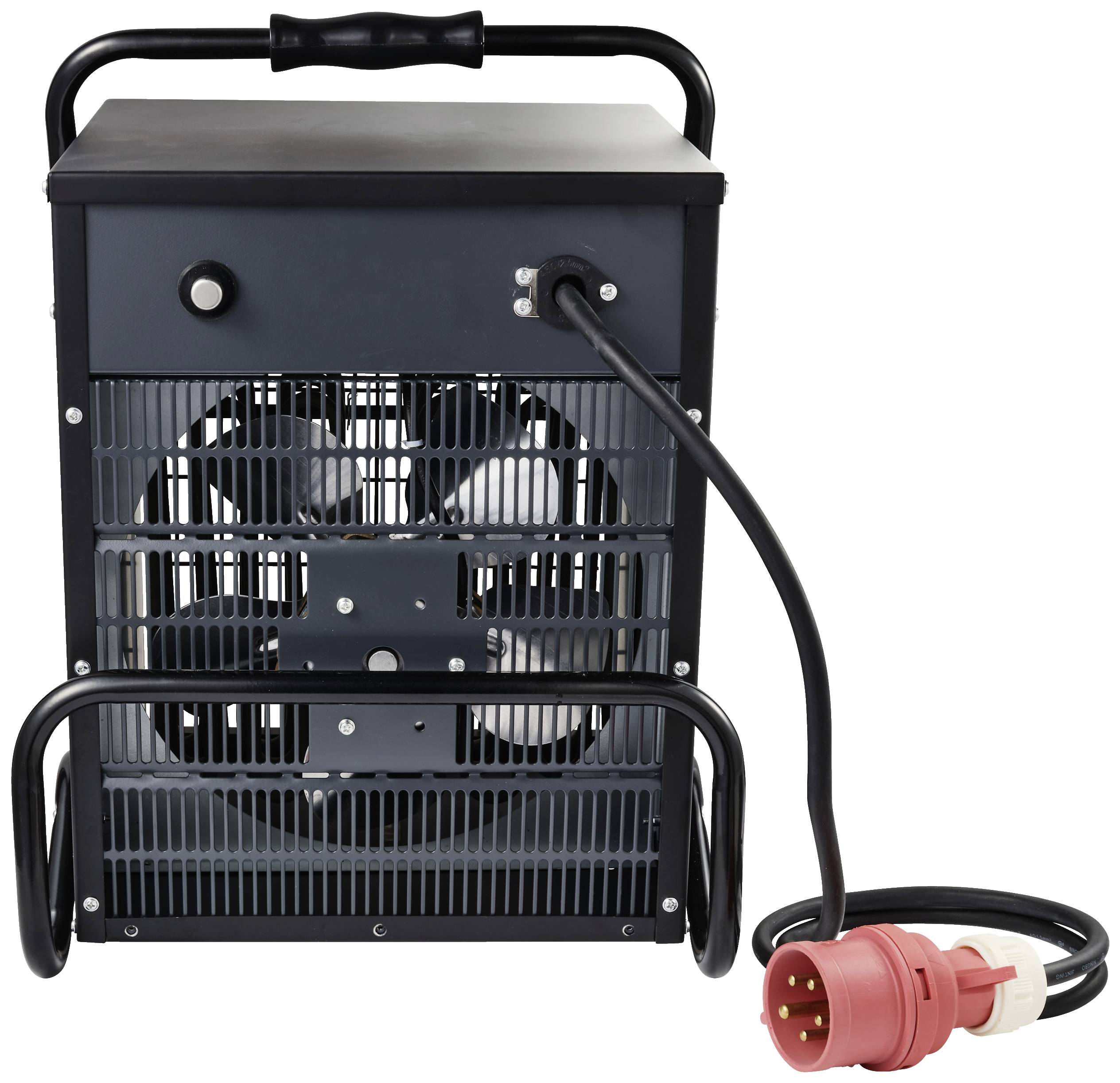 Een zwarte industriële verwarmingsventilator met kabel en rode stekker, staand op de vloer. Geschikt voor grootschalige verwarmde ruimtes.