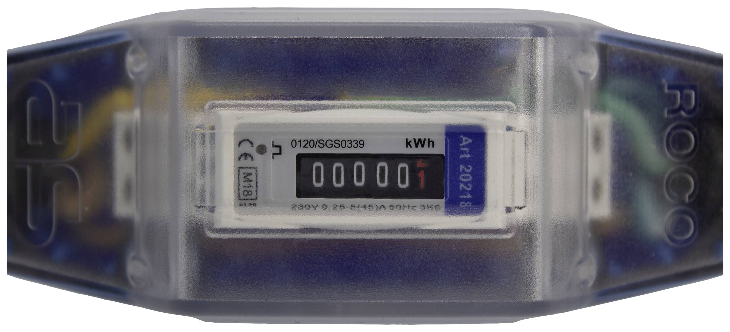 Energiemeter met display '000001 kWh', transparante behuizing, fabrikembleem 'ROCO'.