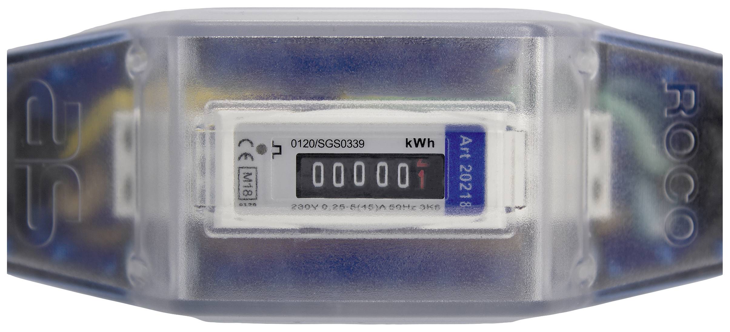 Elektriciteitsmeter met aanduiding '000001 kWh' op een witte achtergrond. Betekenisvolle cijfers en symbolen zijn zichtbaar op de meter.