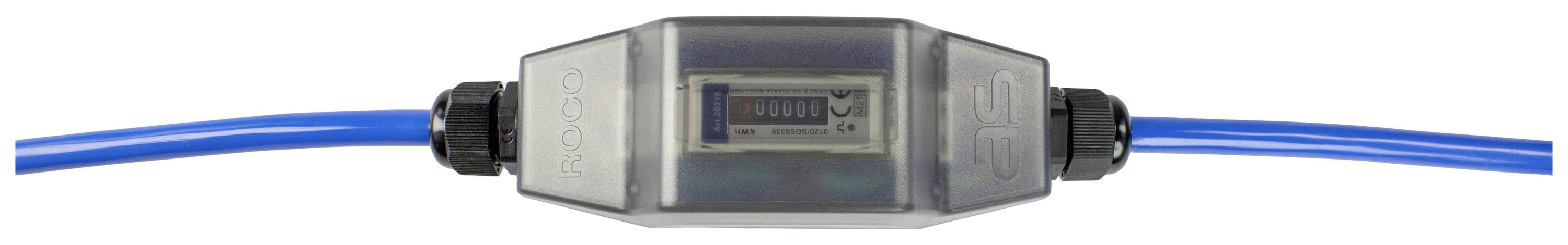 Blauwe slang met grijze flowmeter in het midden. De flowmeter heeft een klein display voor bewaking.