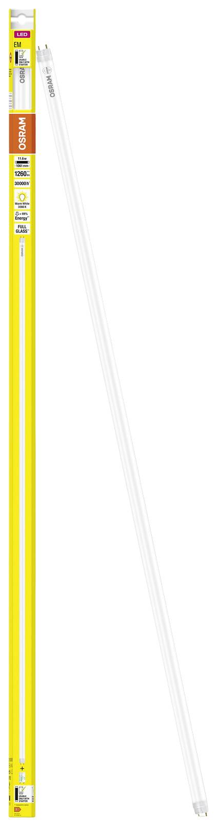 Een lange, witte TL-lamp naast een gele verpakking met het opschrift 'OSRAM LUMILUX'. Geschikt voor verlichting.