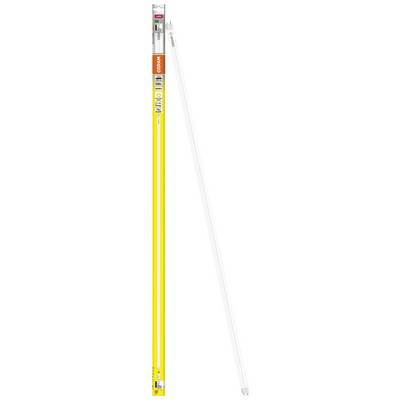 Lange, smalle, witte buis met gele verpakking. Product voor UV-licht, specifiek ontworpen voor desinfectiedoeleinden.