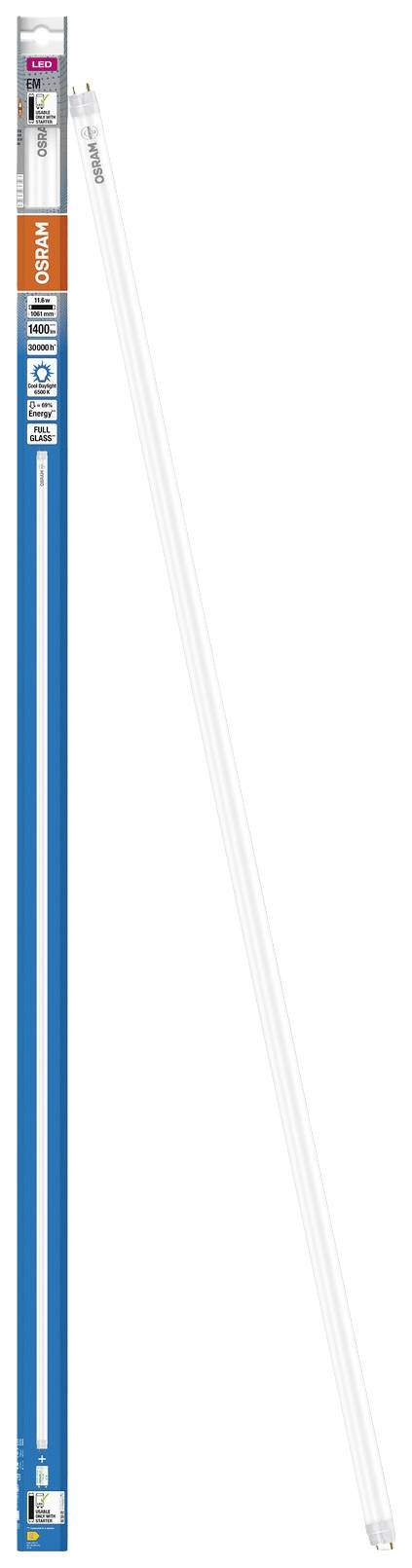 Een lange, smalle metalen strip, waarschijnlijk een tl-buis, bevindt zich in een blauwe verpakking met oranje en grijze details.